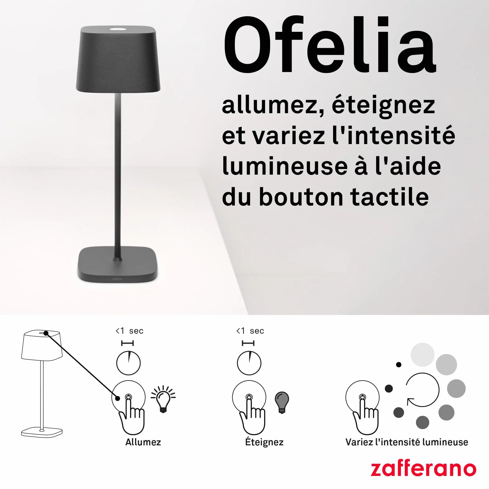 Zafferano Ofelia Lampe de Table Rechargeable Sans Fil Contrôle Tactile Dimmer 2200-3000 K Hauteur 29 cm Gris Foncé
