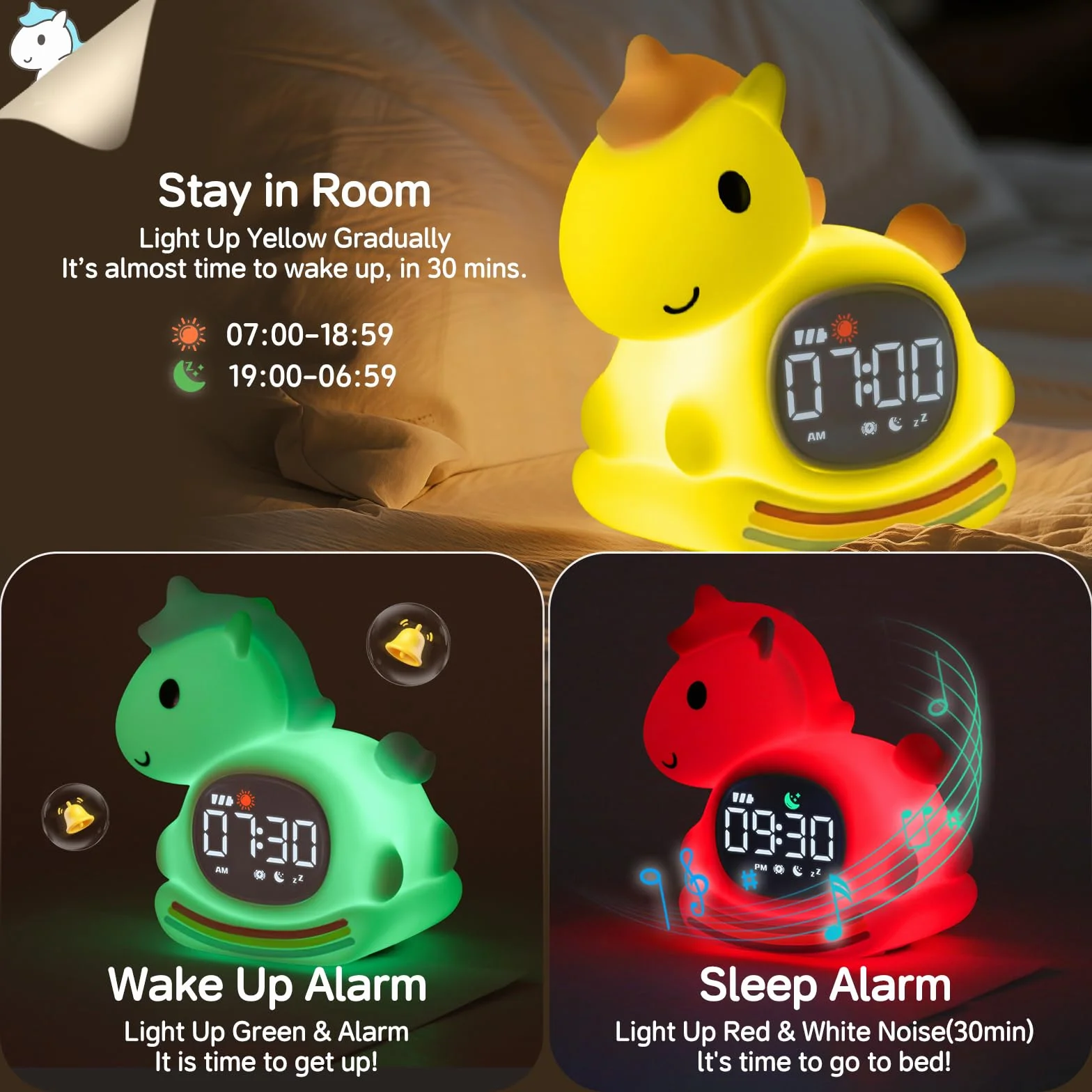Horloge Réveil Poney Veilleuse Enfants Lampe Rechargeable Silicone Rose
