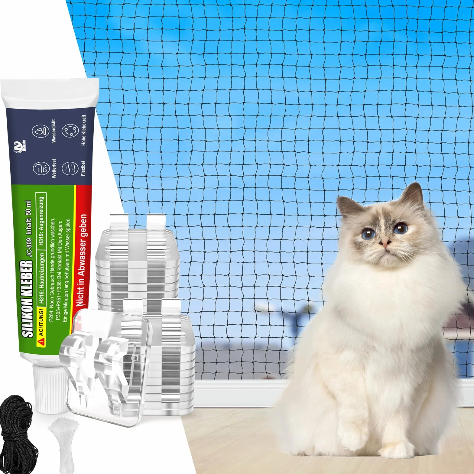 Filet de Balcon sans Percer Renforcé 3x2M Protection Chat avec Crochets Adhésifs Silicone