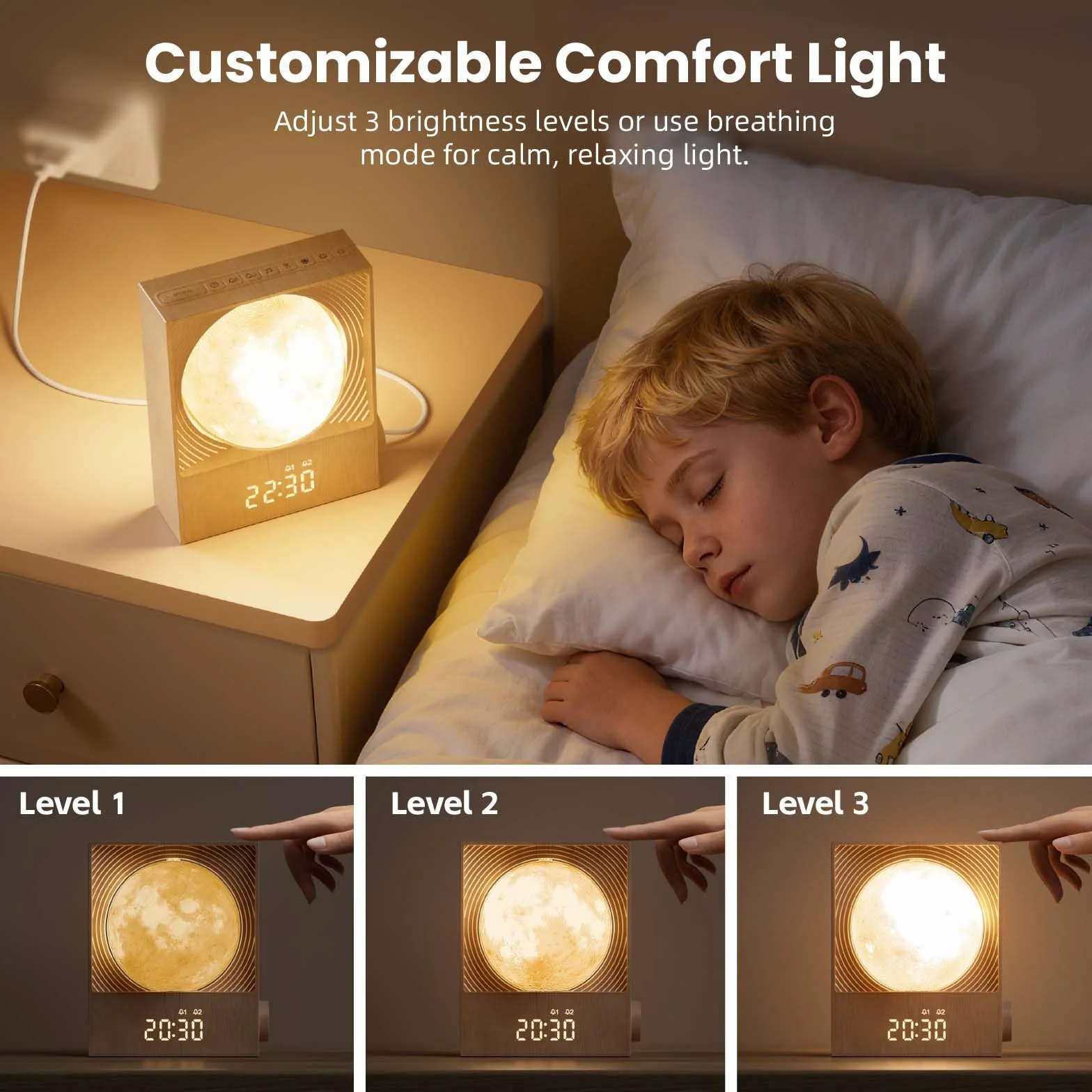 RETEYUNG Réveil Simulateur d'Aube avec Lampe Lunaire Rotative 15 Sonneries Veilleuse 8 Couleurs 3 Luminosités 10 Sons Naturels