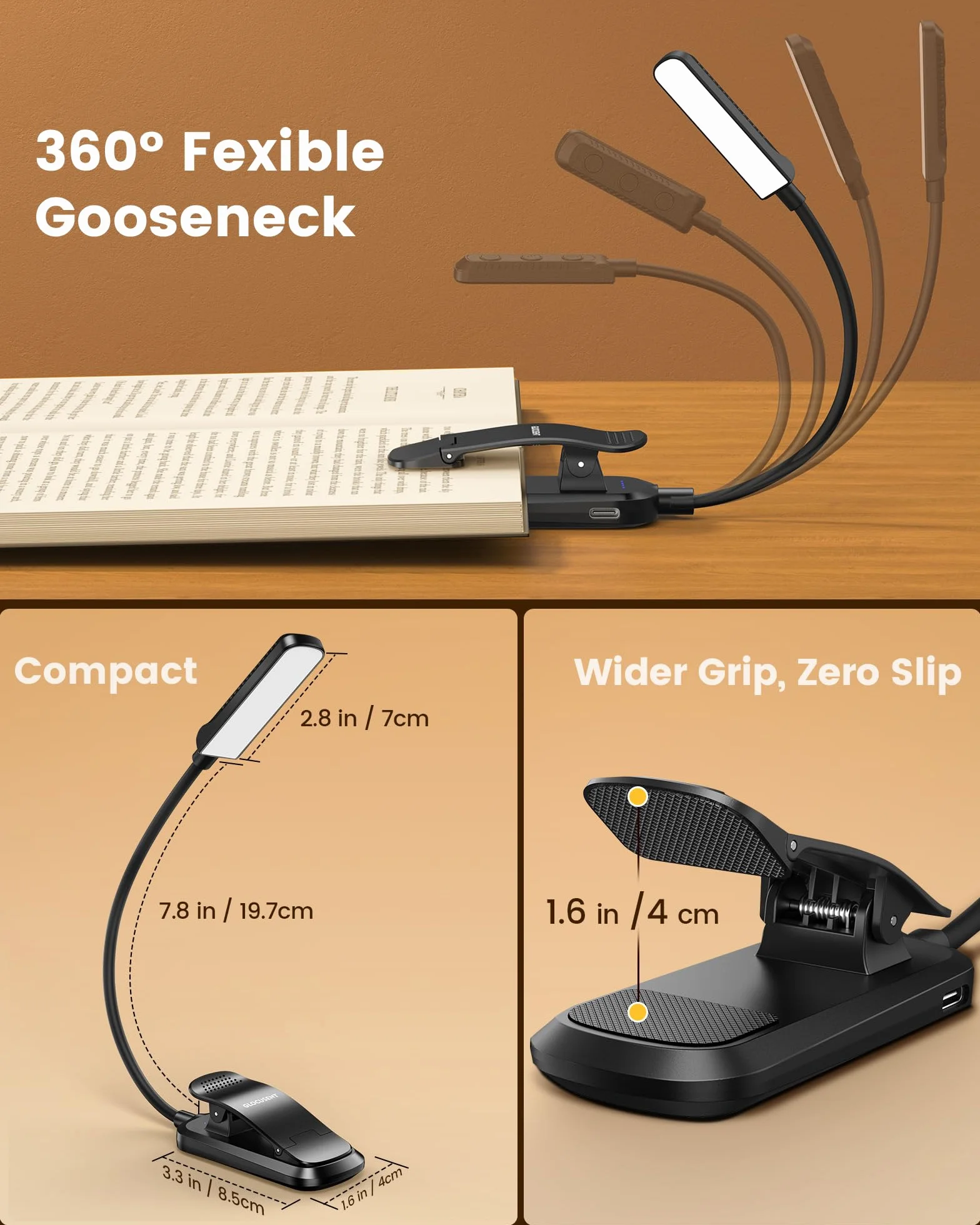 Glocusent Lampe de Lecture Rechargeable 120h Autonomie 3 Modes Couleur Gradation 3–60LM 360° Flexible Indicateur de Batterie