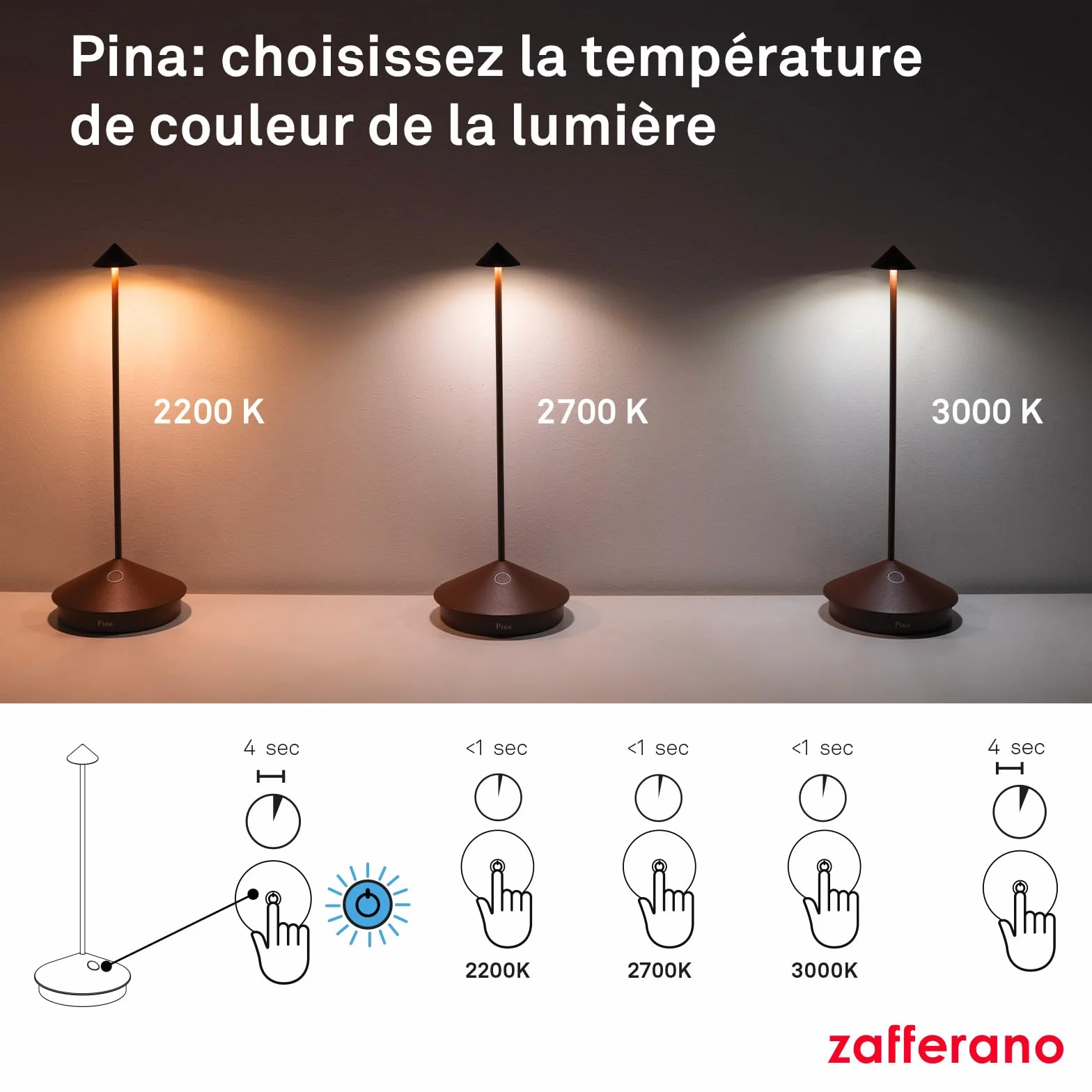 Zafferano Pina Lampe de Table Rechargeable Sans Fil Contrôle Tactile Dimmer 2200-3000 K Hauteur 29 cm Couleur Sable