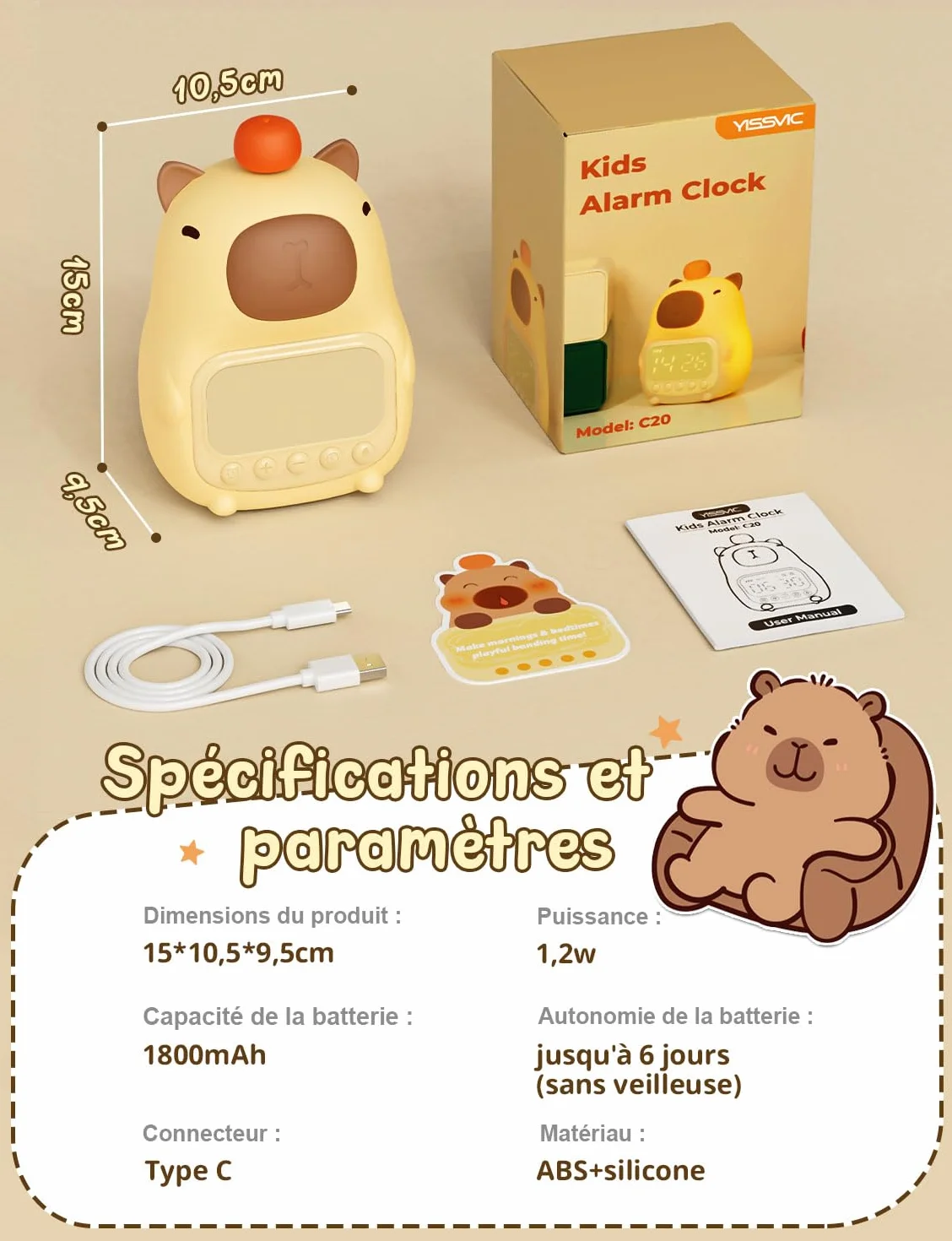 YISSVIC Réveil Enfants Capybara Veilleuse Silicone 2 Alarmes Fonction Répétition Affichage 12/24h Horloge Chevet