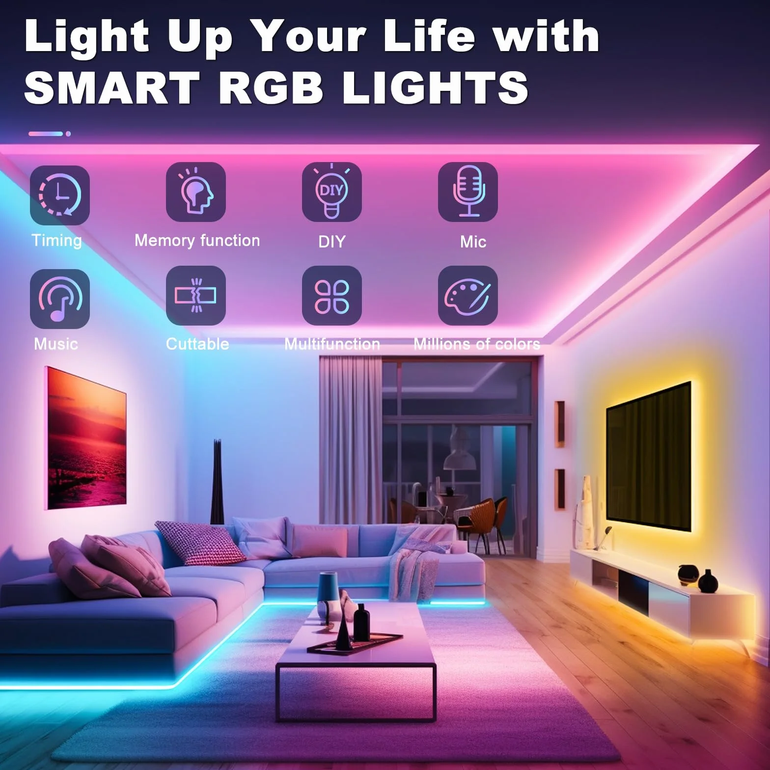 Ruban LED 10M Flexible RGB Bluetooth App Contrôle Synchronisé Musique Chambre Gaming Plafond