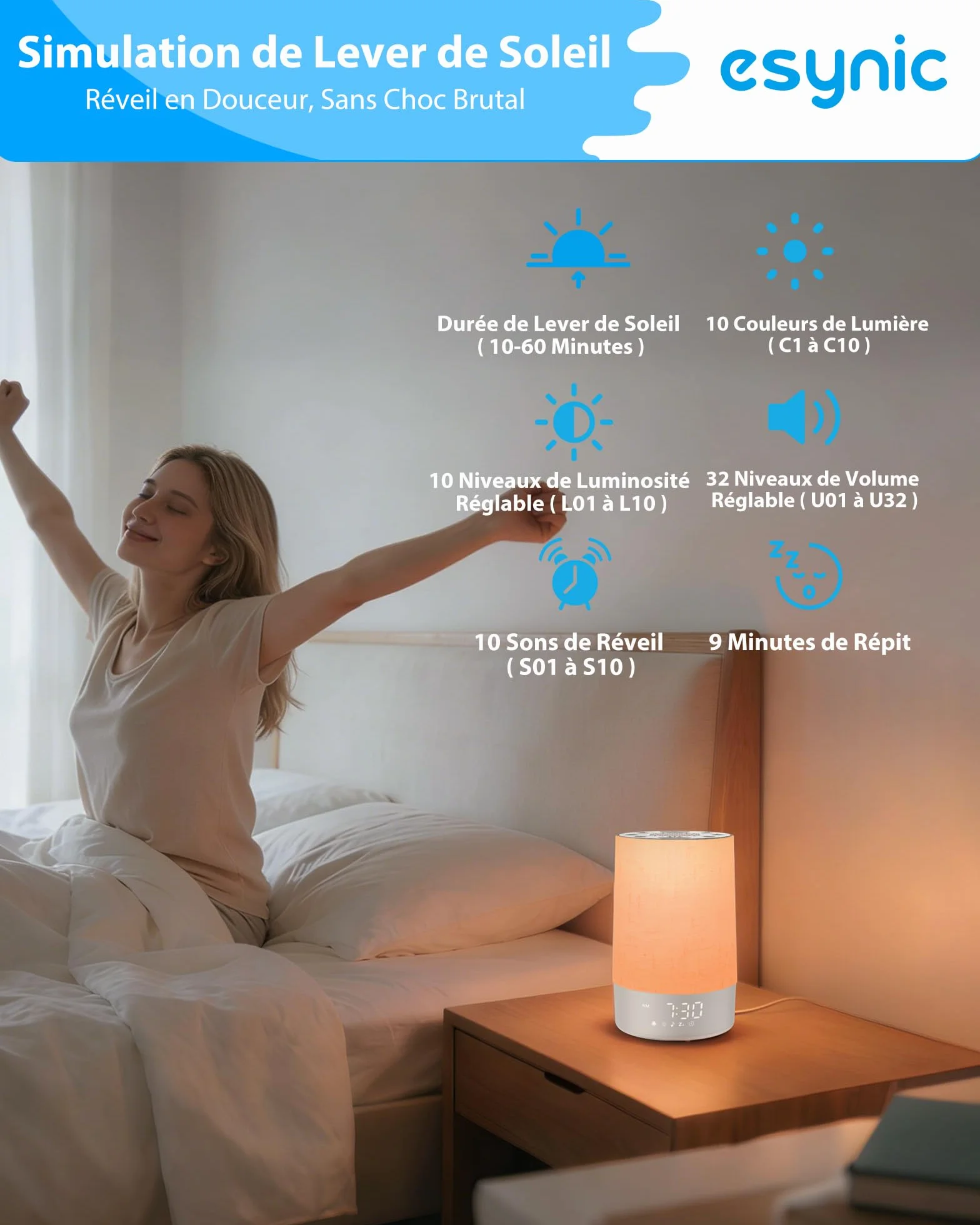eSynic Réveil Lumineux Simulateur d'Aube 30 Sons Blanc Bruit 10 Couleurs Luminosité Volume Réglable Snooze Minuteur