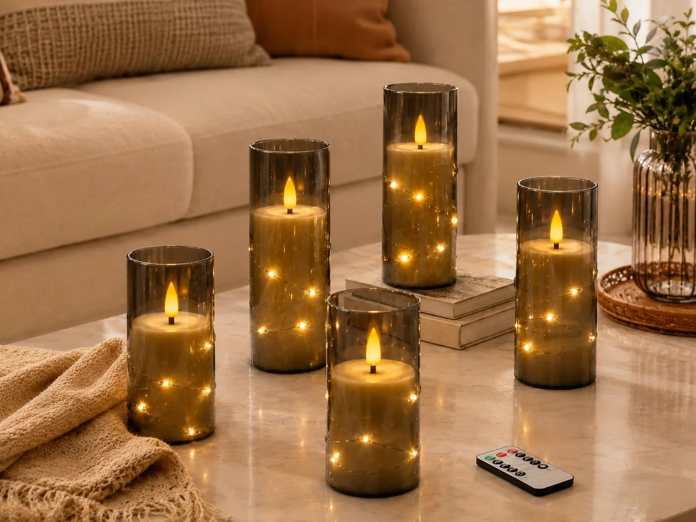 Bougies LED Grises Transparentes Guirlande Lumineuse Flamme Scintillante Réaliste Télécommande Incluse Effet Verre Plastique Réutilisable Écologique