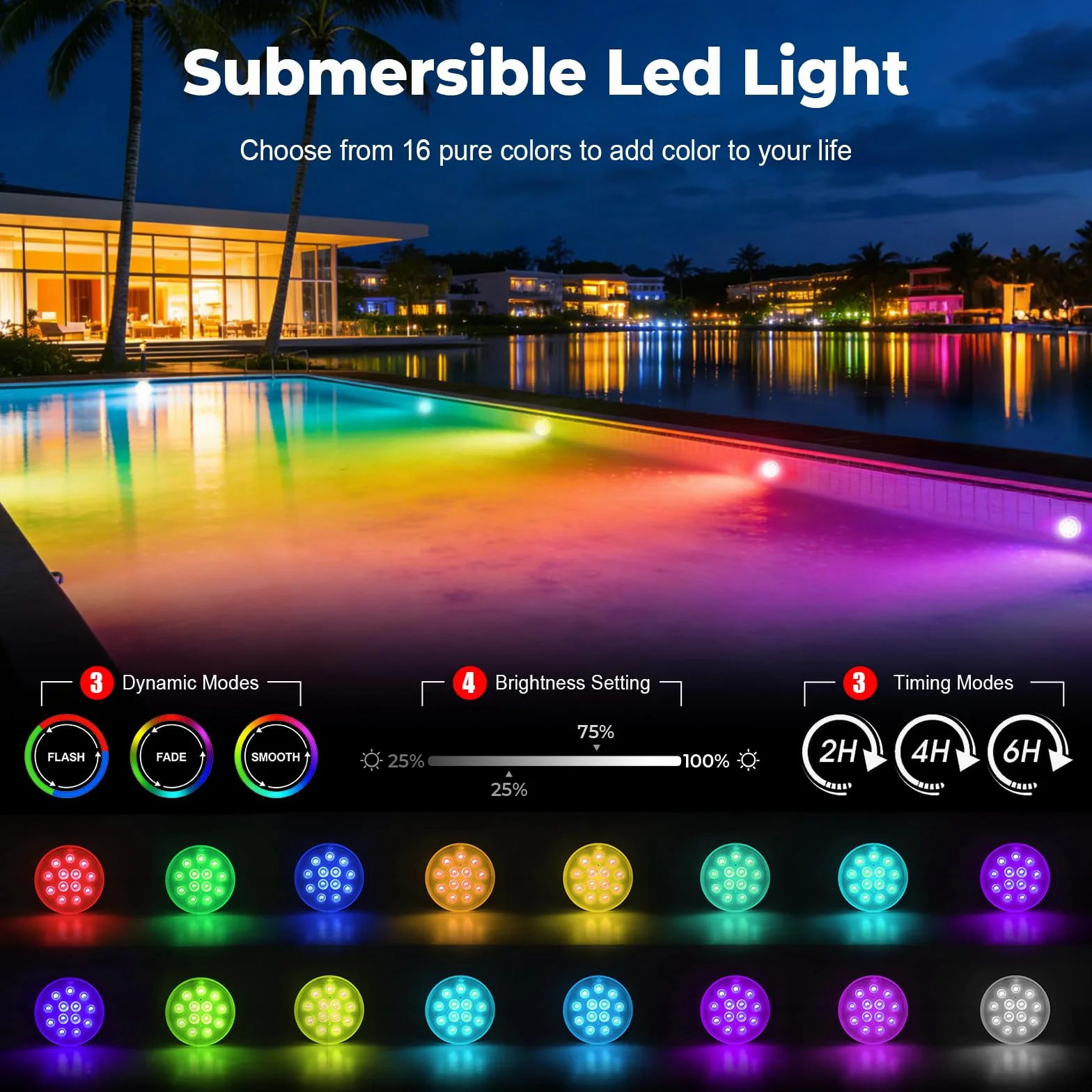 Lampe LED Submersible Rechargeable 16 Couleurs IP68 Étanches RGB Piscine avec Télécommande USB