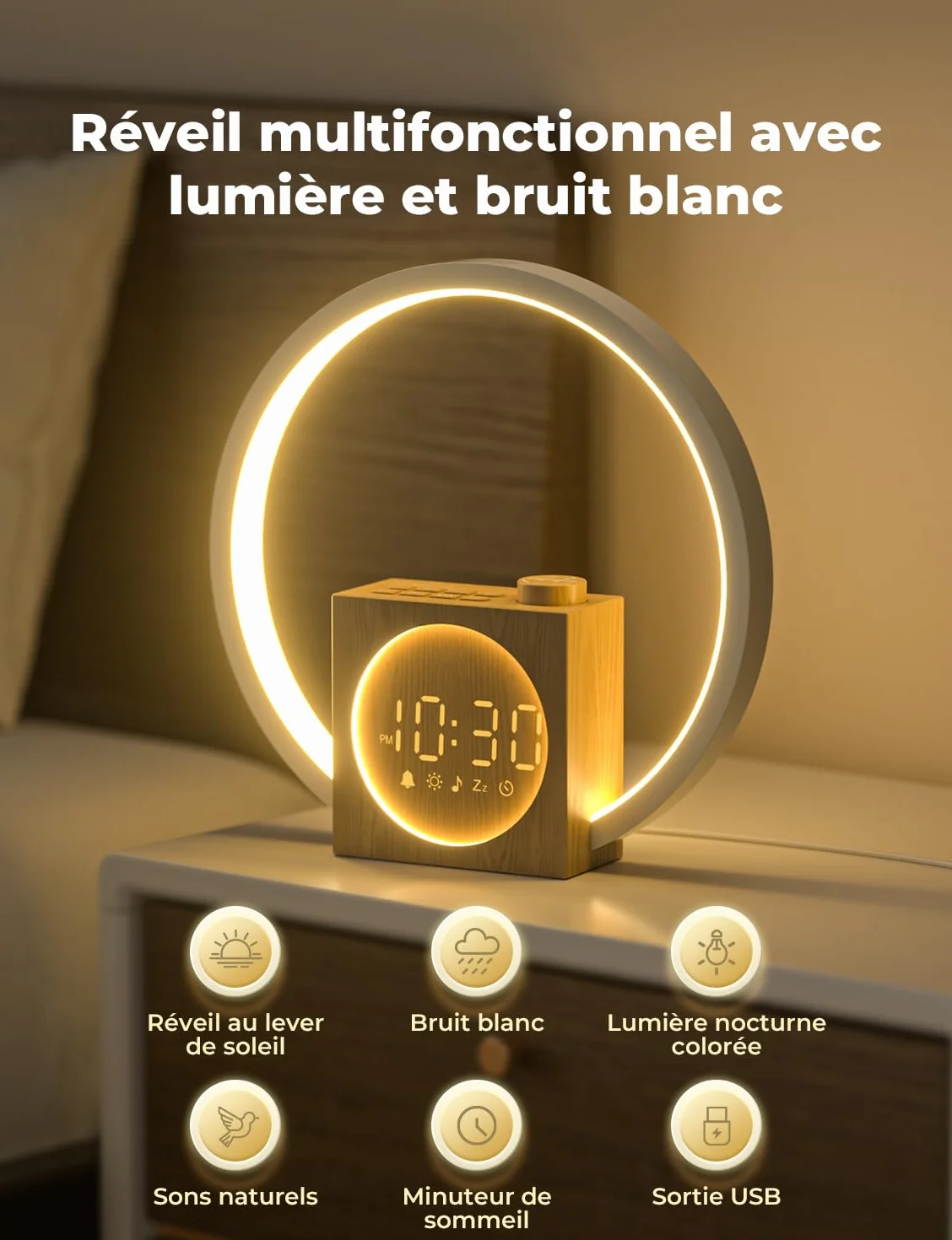 LIORQUE Lampe de Chevet LED avec Réveil Lumineux Simulateur d'Aube, 30 Sons, 20 Niveaux de Luminosité, Minuterie Sommeil 10-480 min