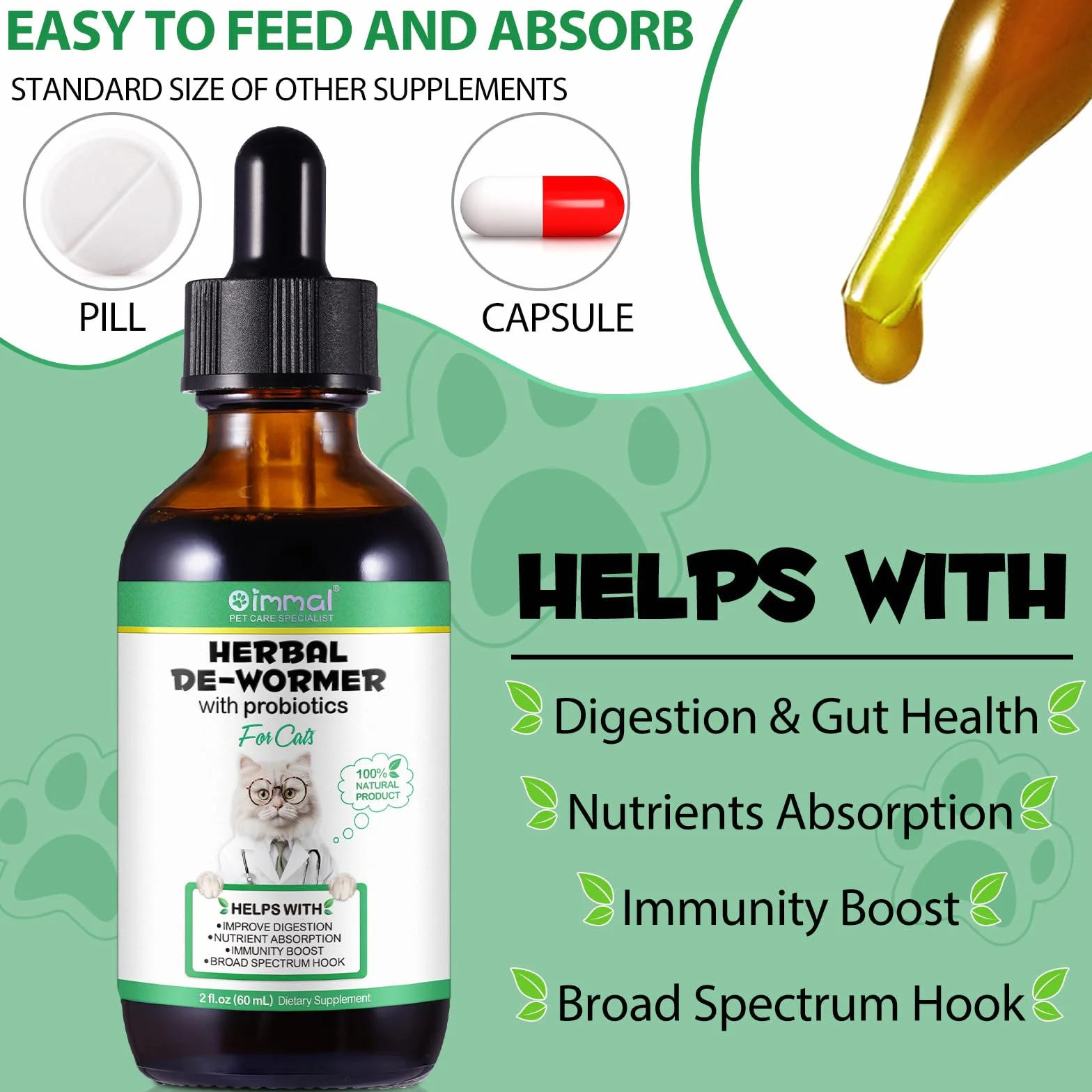Vermifuge Liquide pour Chat 60 ML, Gouttes Vermifuges Naturelles à Base de Plantes, Favorise la Santé Intestinale