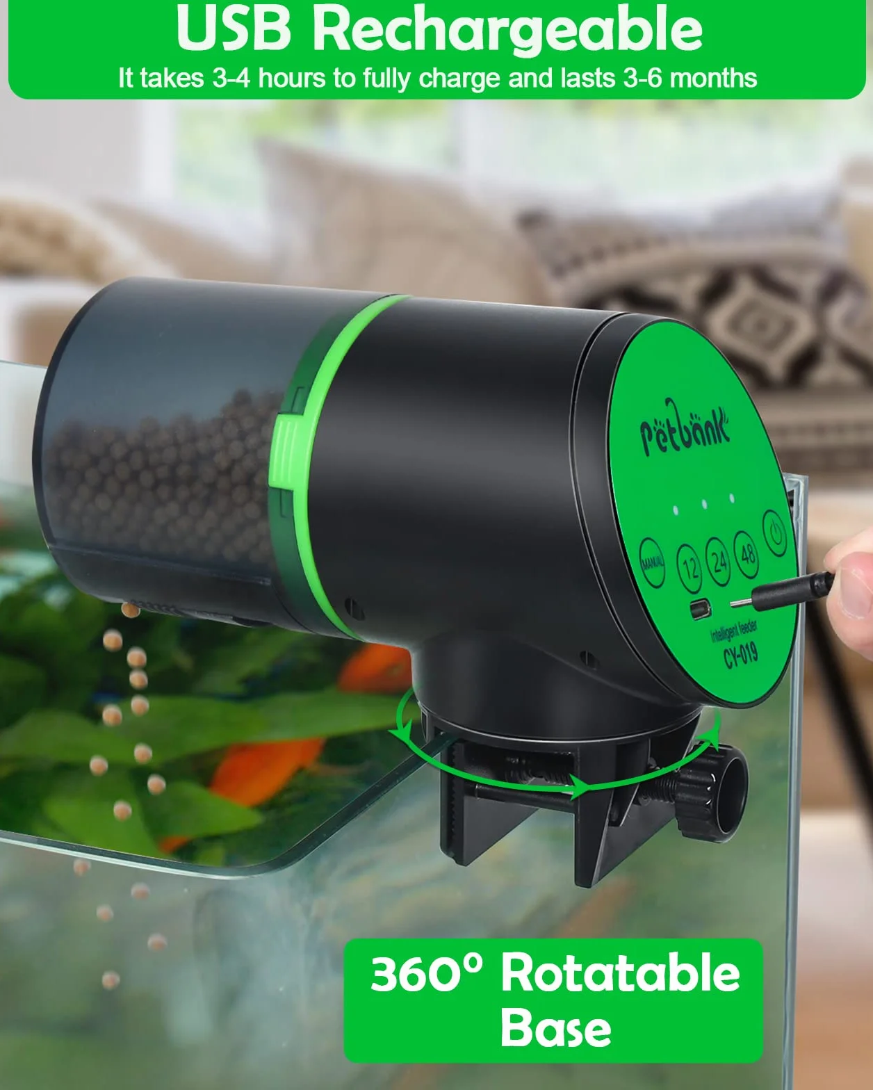Aquarium Distributeur Automatique Poisson Nourrisseur Rechargeable Minuterie USB 200ml Vert