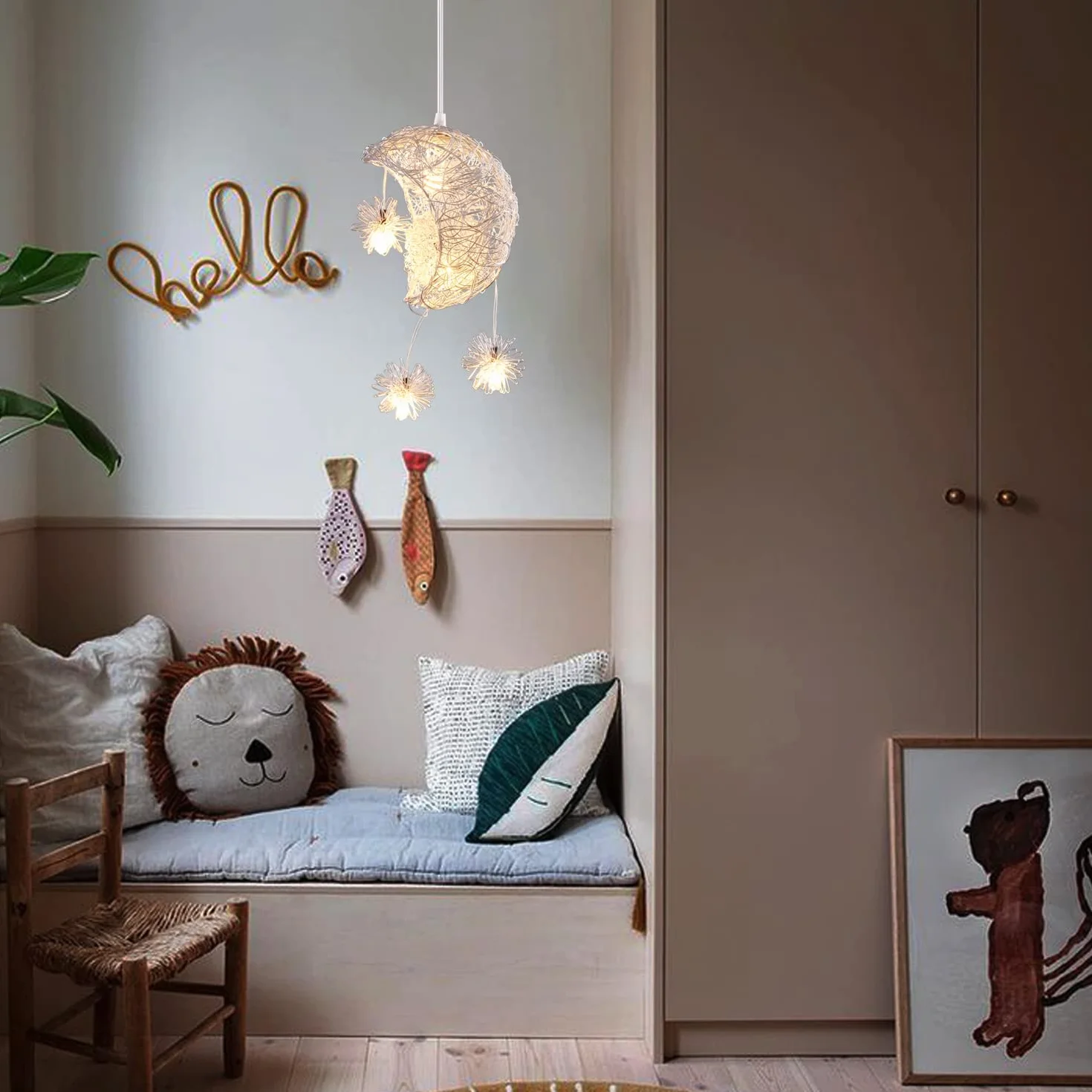 iDEGU Suspension Luminaire Lune Étoiles LED Lustre Plafonnier 5 Ampoules Éclairage Décoration Chambre Enfant 15CM Lumière Blanche Chaude