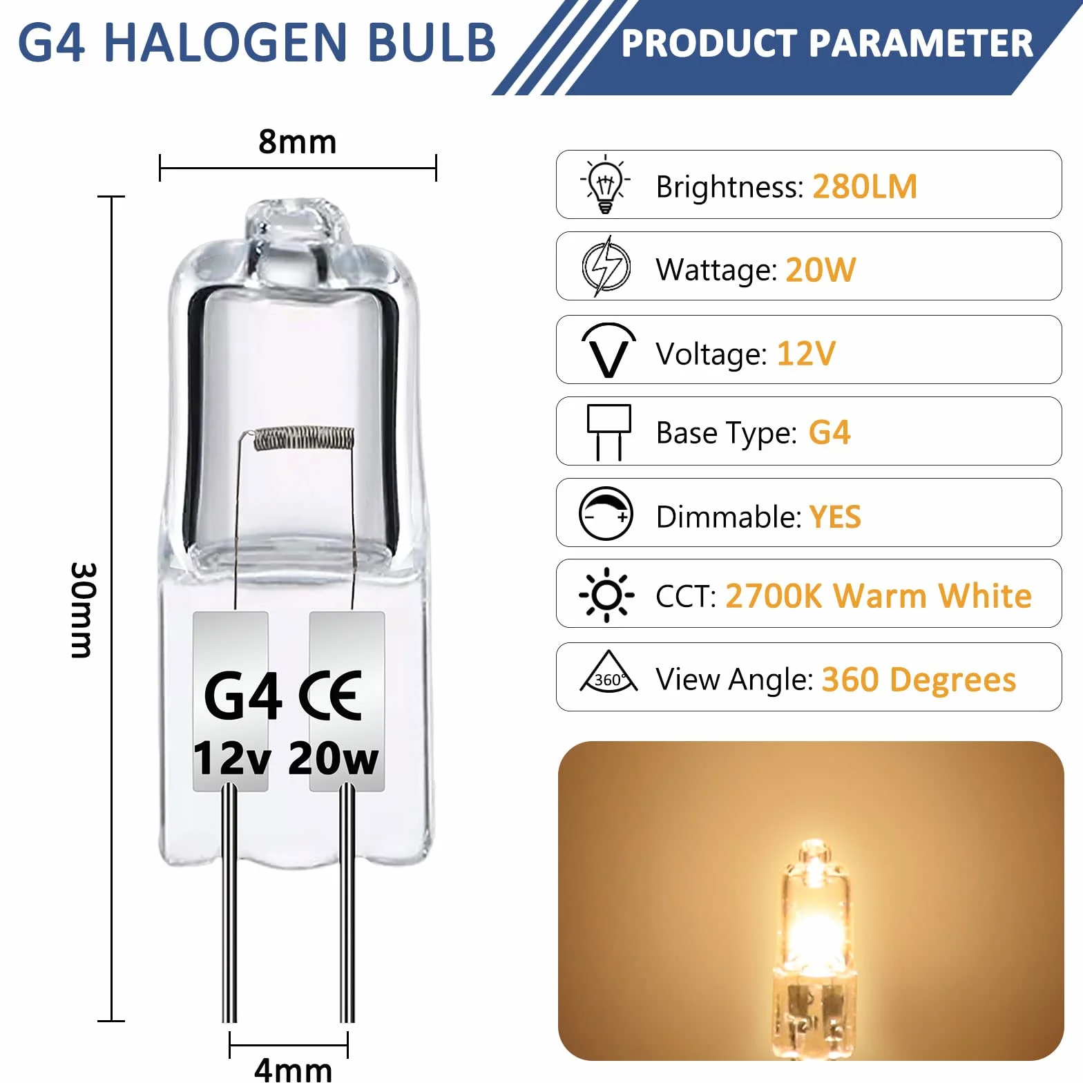 Caldarax 12 Ampoules Halogènes G4 12V 20W Blanc Chaud 2700K 280LM Lampe Basse Tension