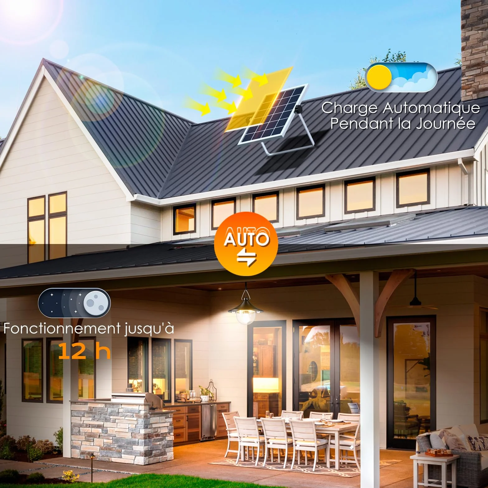 Lampe Solaire Exterieur IP65 Étanche 80 LED 2700K-6500K Détecteur de Mouvement Télécommande E27 Quntis Suspendue pour Pergola Jardin