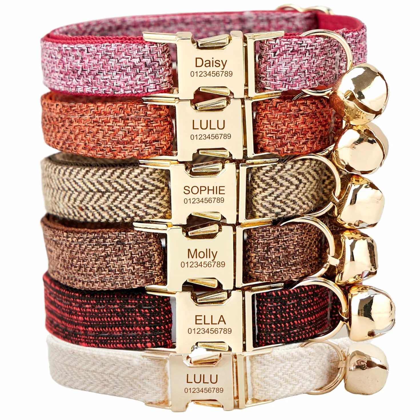 Collier pour chat personnalisé gravé nom et téléphone, tissu doux réglable, boucle métallique sécurisée Tweed