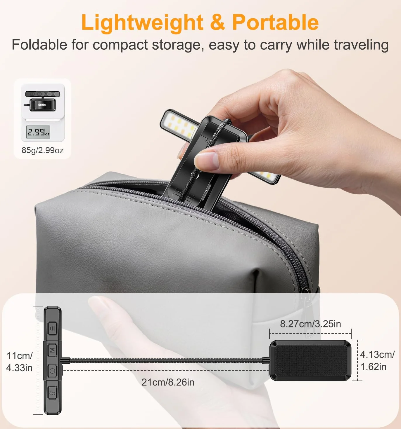 Gritin Gén.2 Lampe de Lecture 32 LED Spectre Complet Liseuse Clip Protection des Yeux 5 Couleurs 5 Luminosités Faisceau Large Étroit Réglable 1500mAh Rechargeable