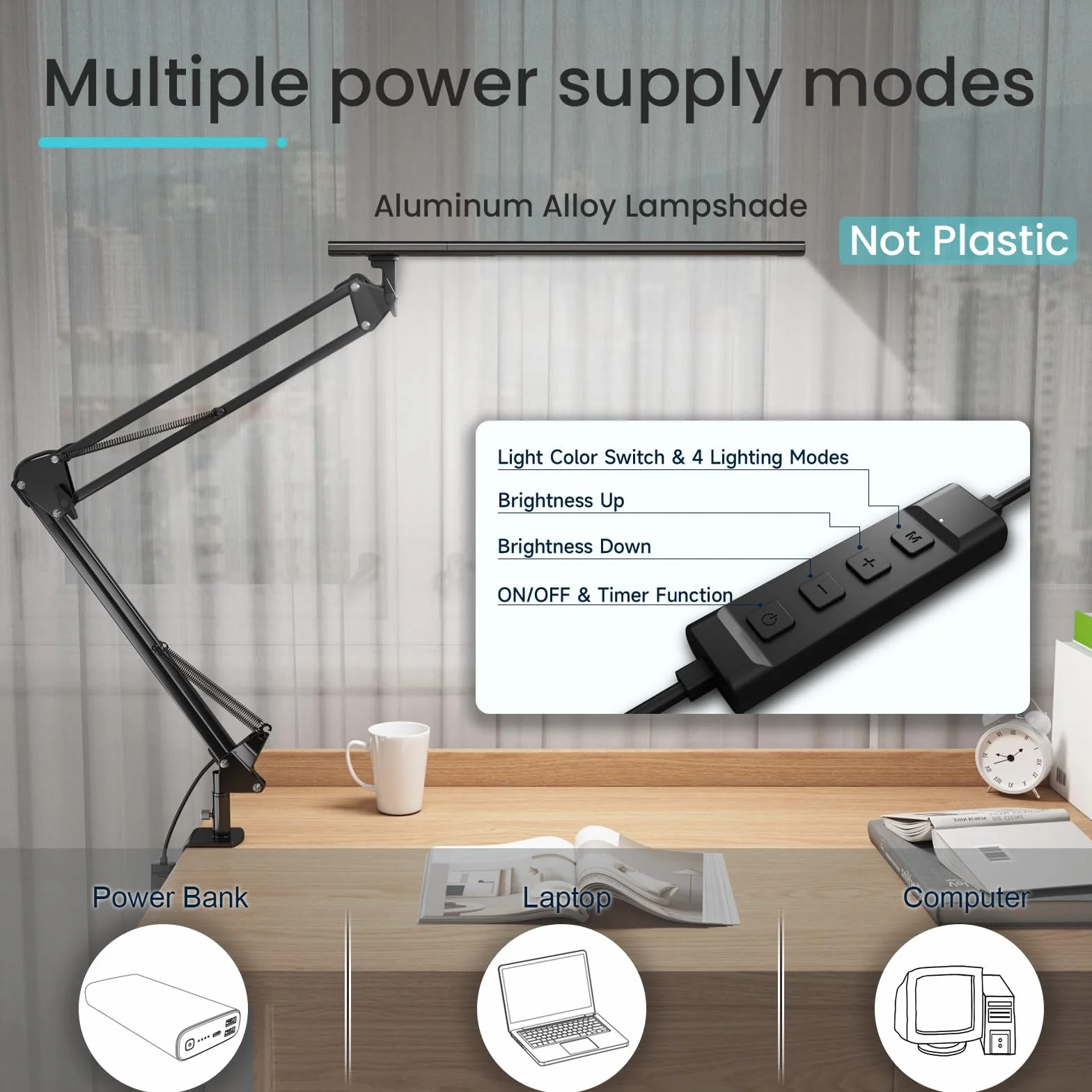 VERSKI Lampe de bureau LED 12W 5 températures de couleur et luminosité réglables avec adaptateur QC 3.0