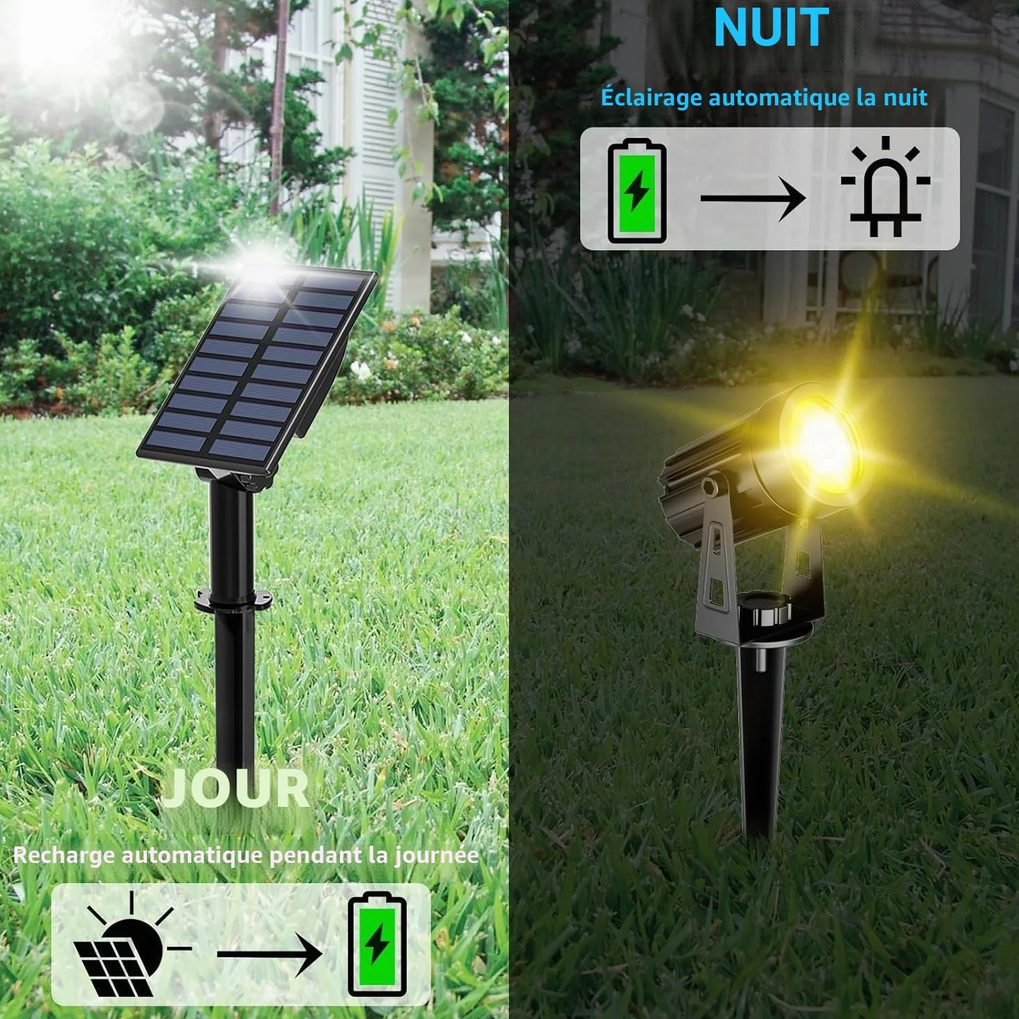 T-SUN Lampe Solaire Jardin Spot IP65 Etanche Extérieur 3000K Jaune Chaud