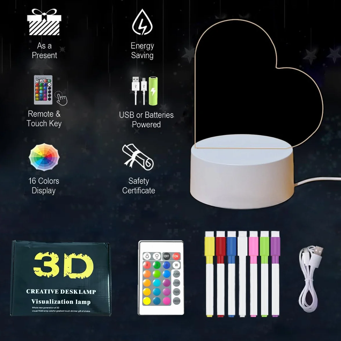 LELYFIT Veilleuse Personnalisée 16 Couleurs LED Lampe Créative Effaçable Illusion Télécommande Cadeau