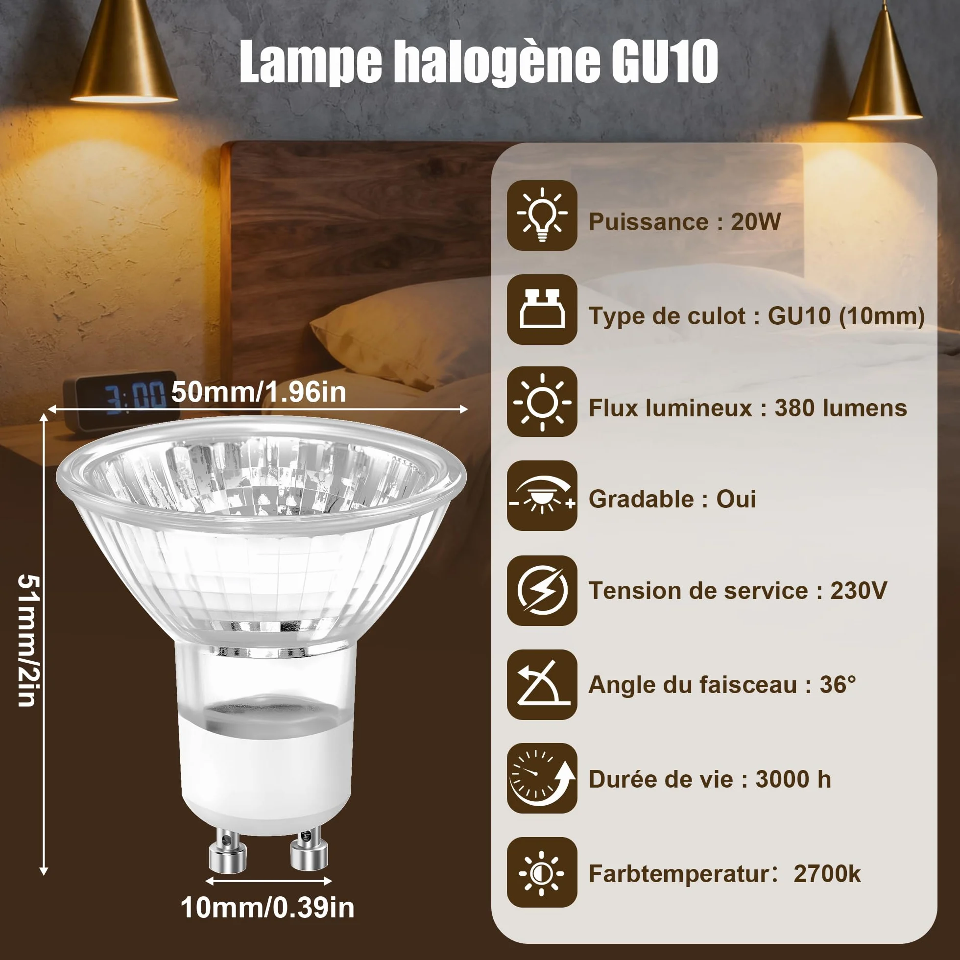 Ampoules halogènes MR16 GU5.3 12V 20W Lot de 6