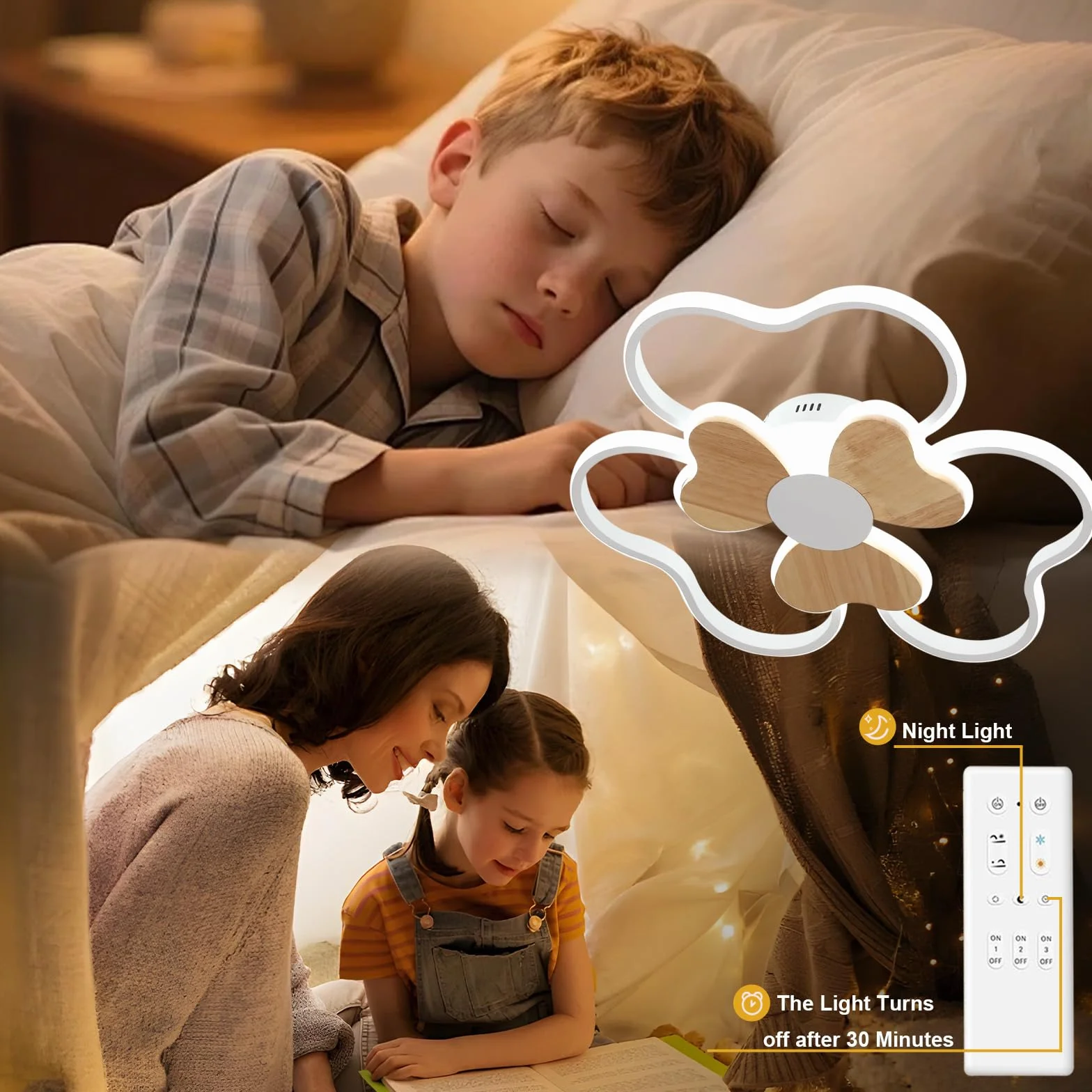 Plafonnier LED 48W 50cm Forme Fleur Bois Dimmable avec Télécommande 3000K-6000K