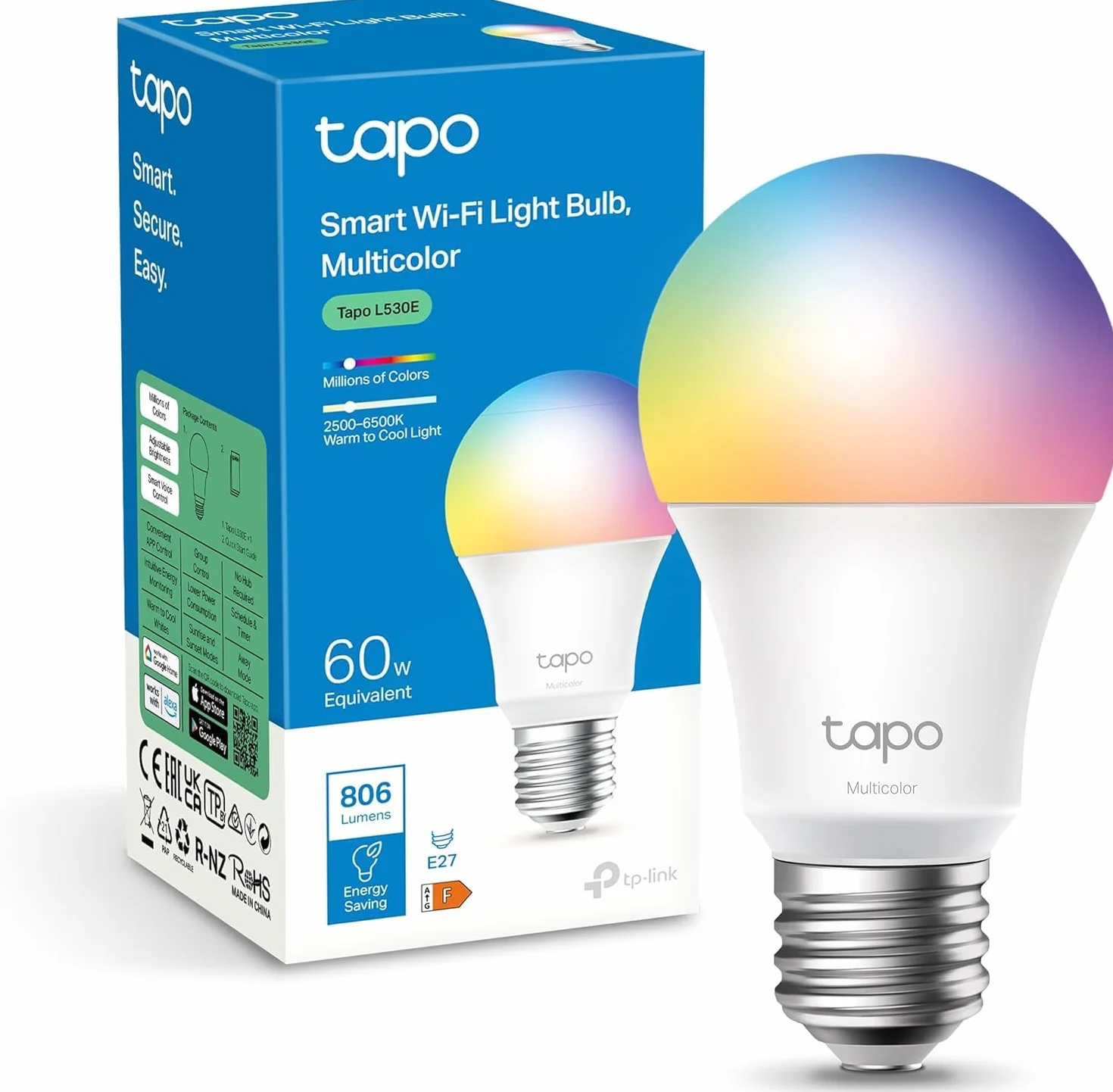 Tapo Ampoule Connectée WiFi LED E27 Multicolore 2500K-6500K Dimmable 8.7W 806Lm Compatible Alexa Google Home L530E