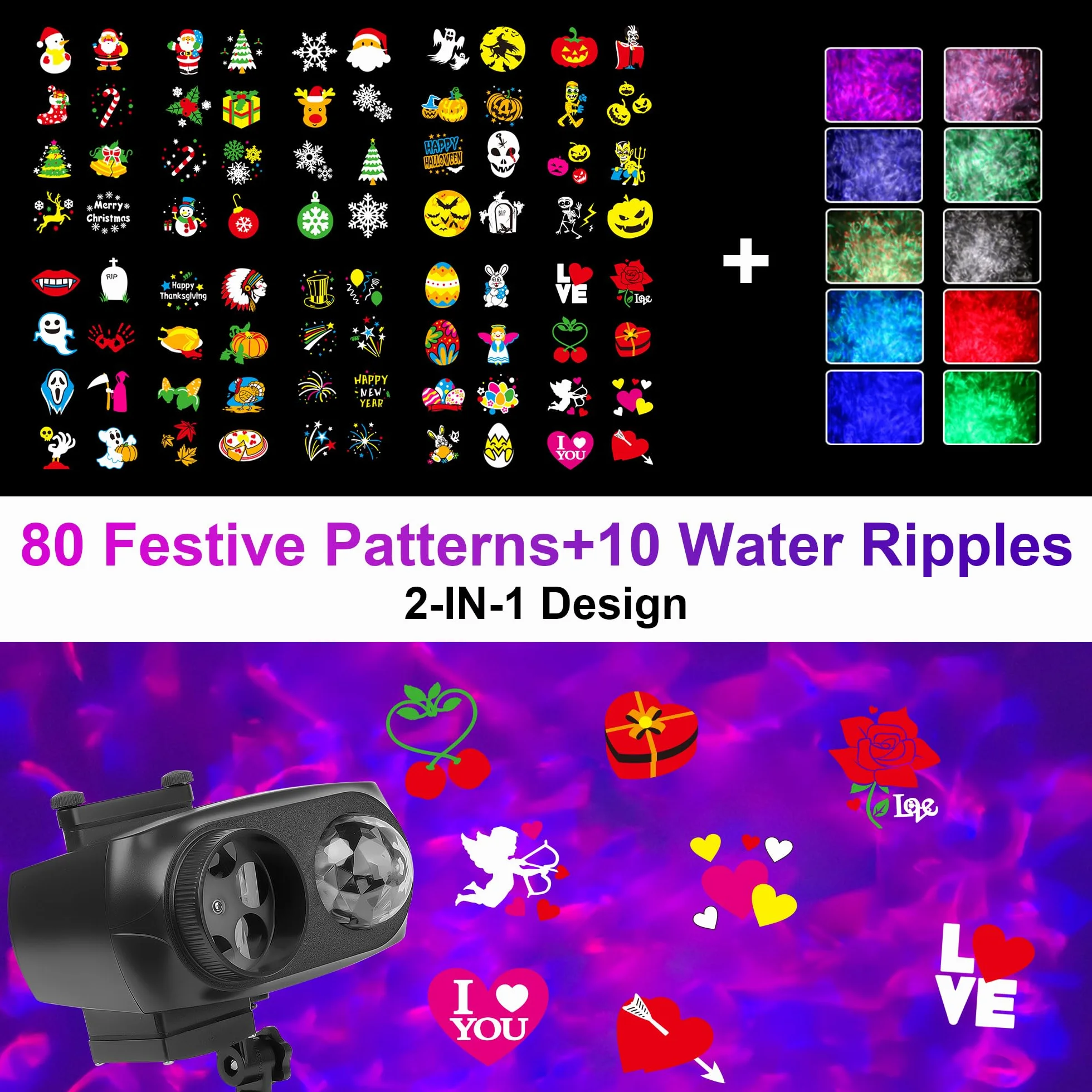 Projecteur LED Noël Extérieur IP67 avec 10 Diapositives 8 Motifs 10 Couleurs Océan