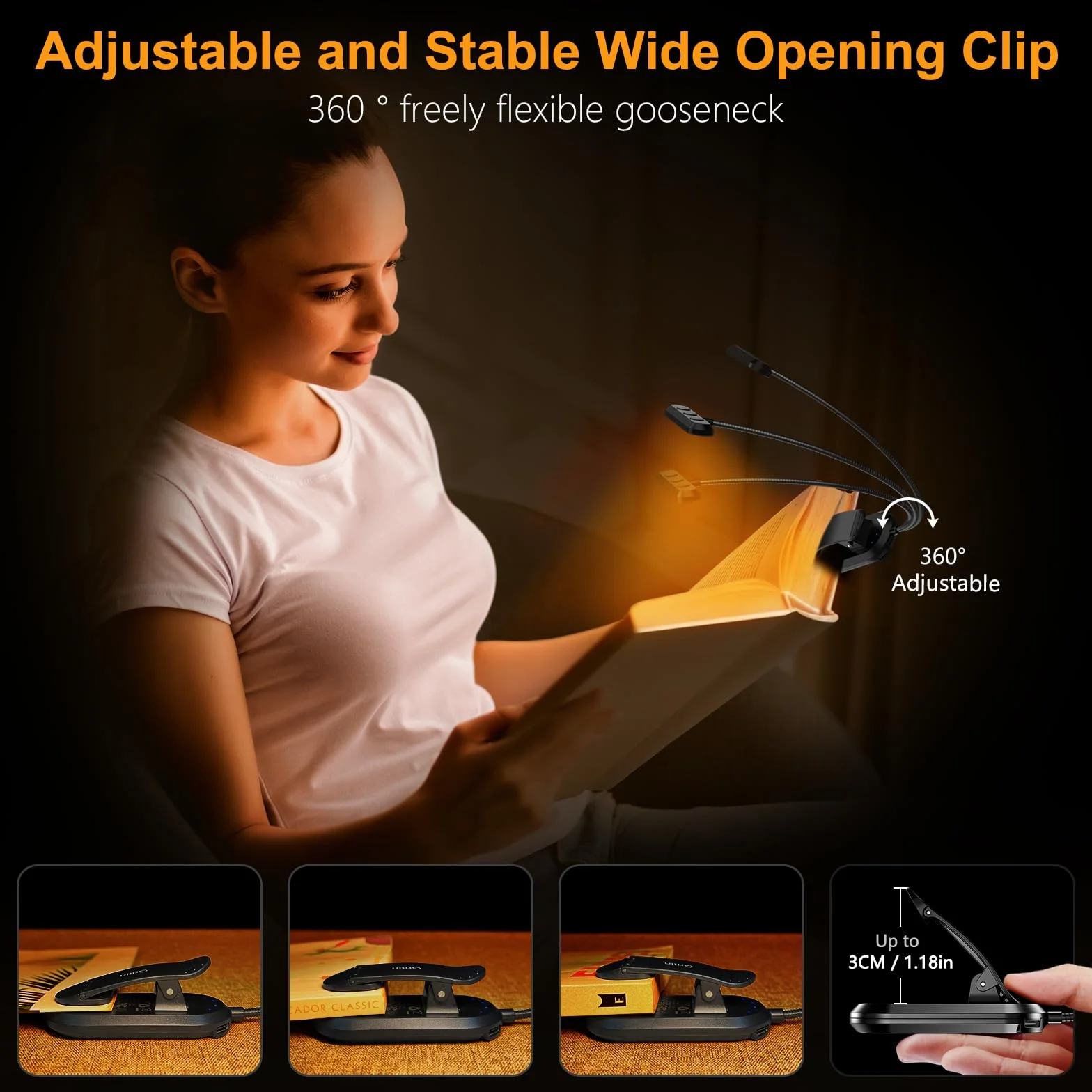 Gritin Lampe de Lecture 19 LED Rechargeable Protection des Yeux 5 Luminosités 3 Couleurs 360° Cou Flexible