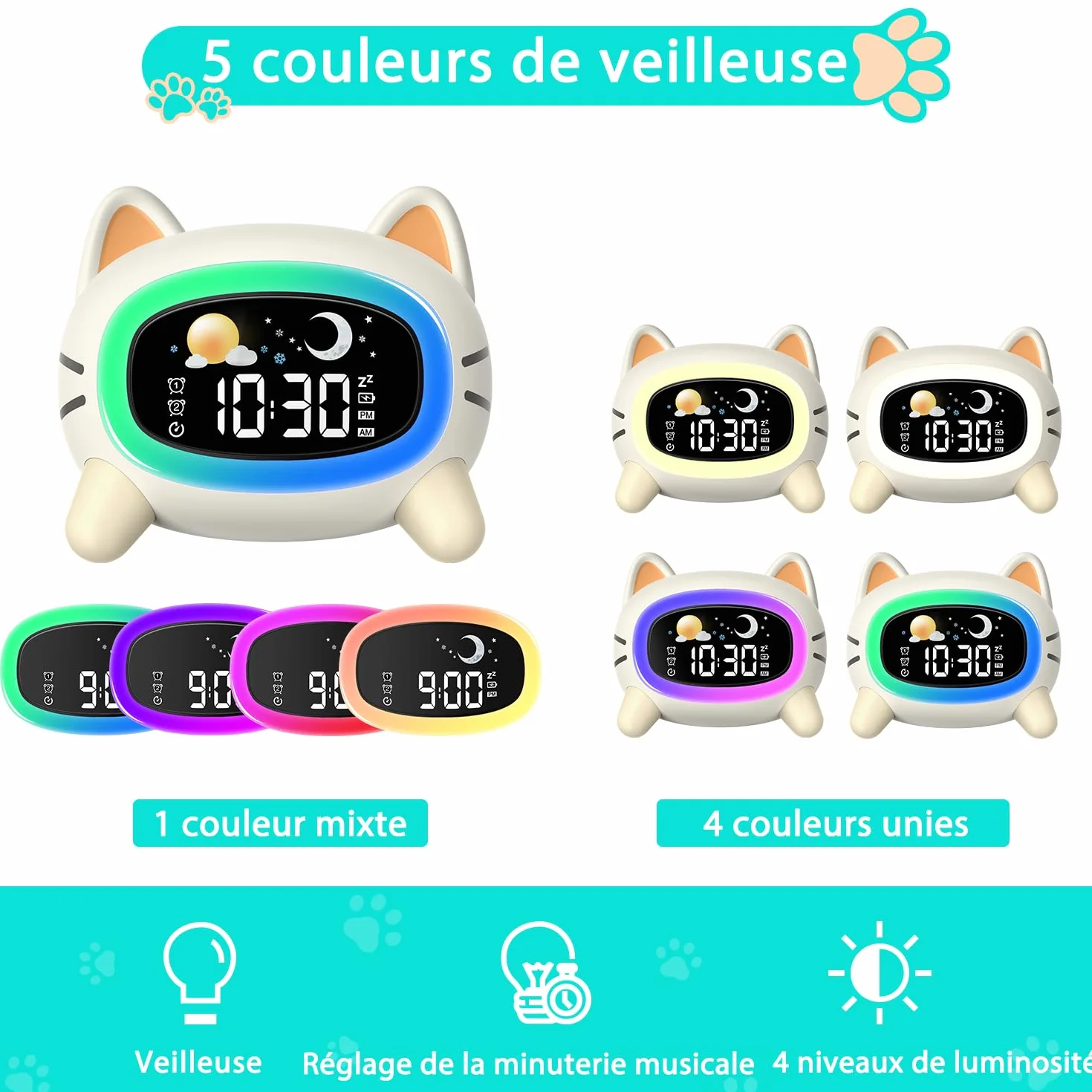 Réveil Enfant Éducatif Jour/Nuit avec LED 5 Couleurs, 7 Musiques, Deux Alarmes, Rechargeable USB Chat