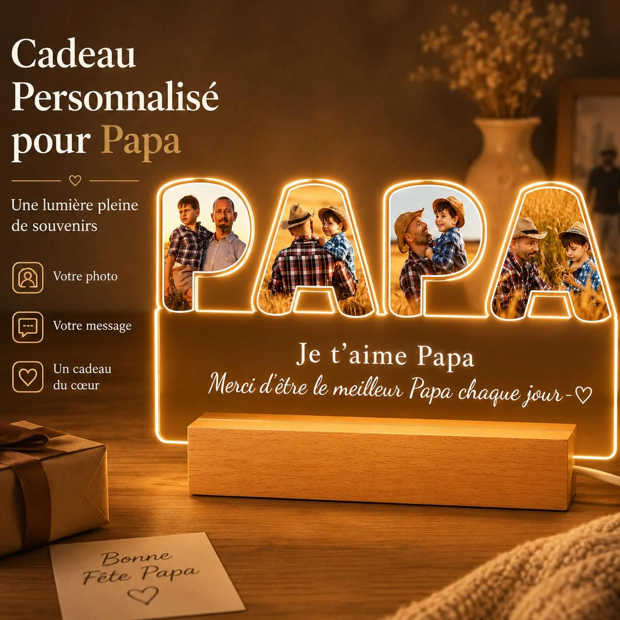 Bemaystar Lampe Personnalisé Cadeau Fête des Pères Cadre Photo pour Papa