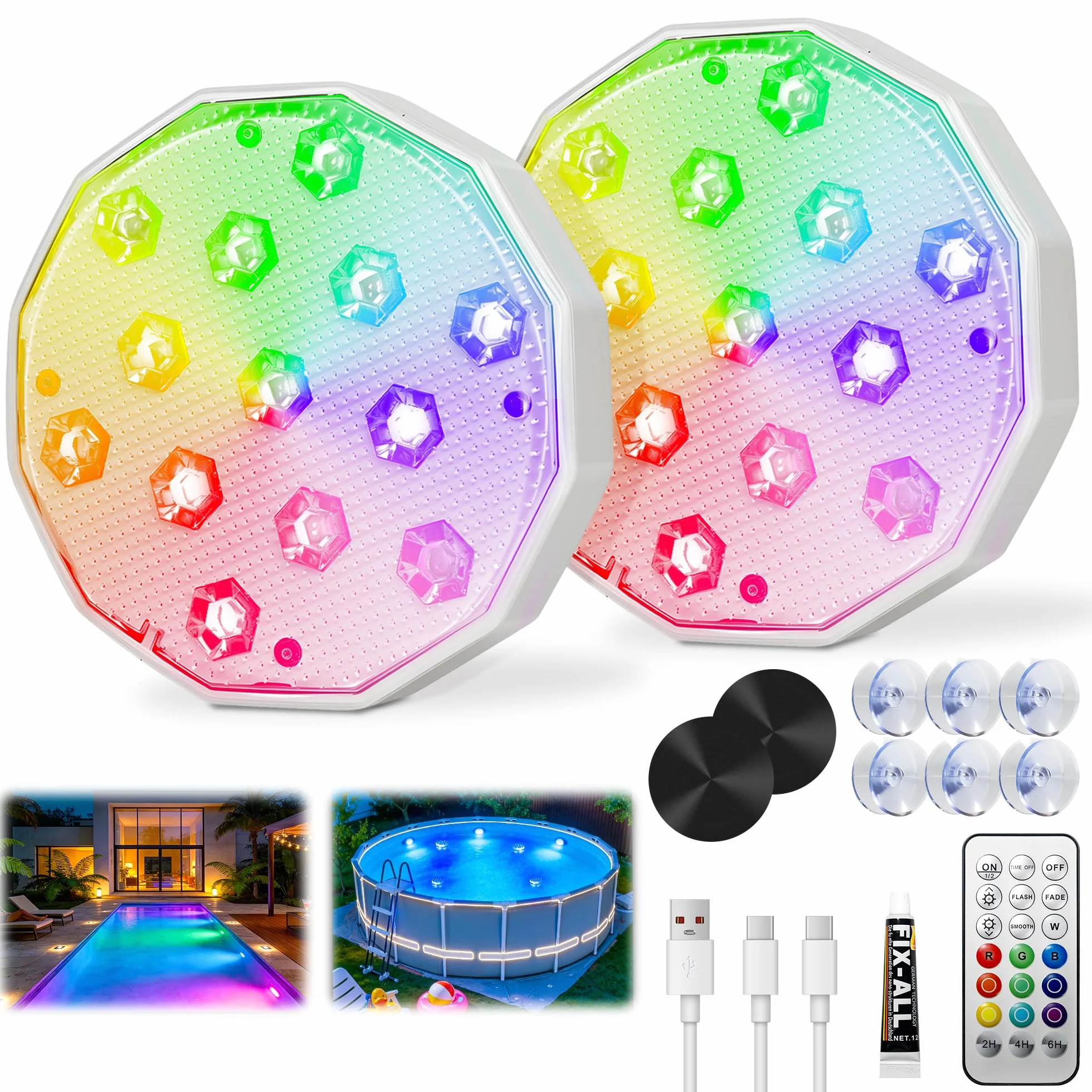 Ollny Lampe de Piscine Magnétique LED RGB Submersible Rechargeable IP67 avec Télécommande