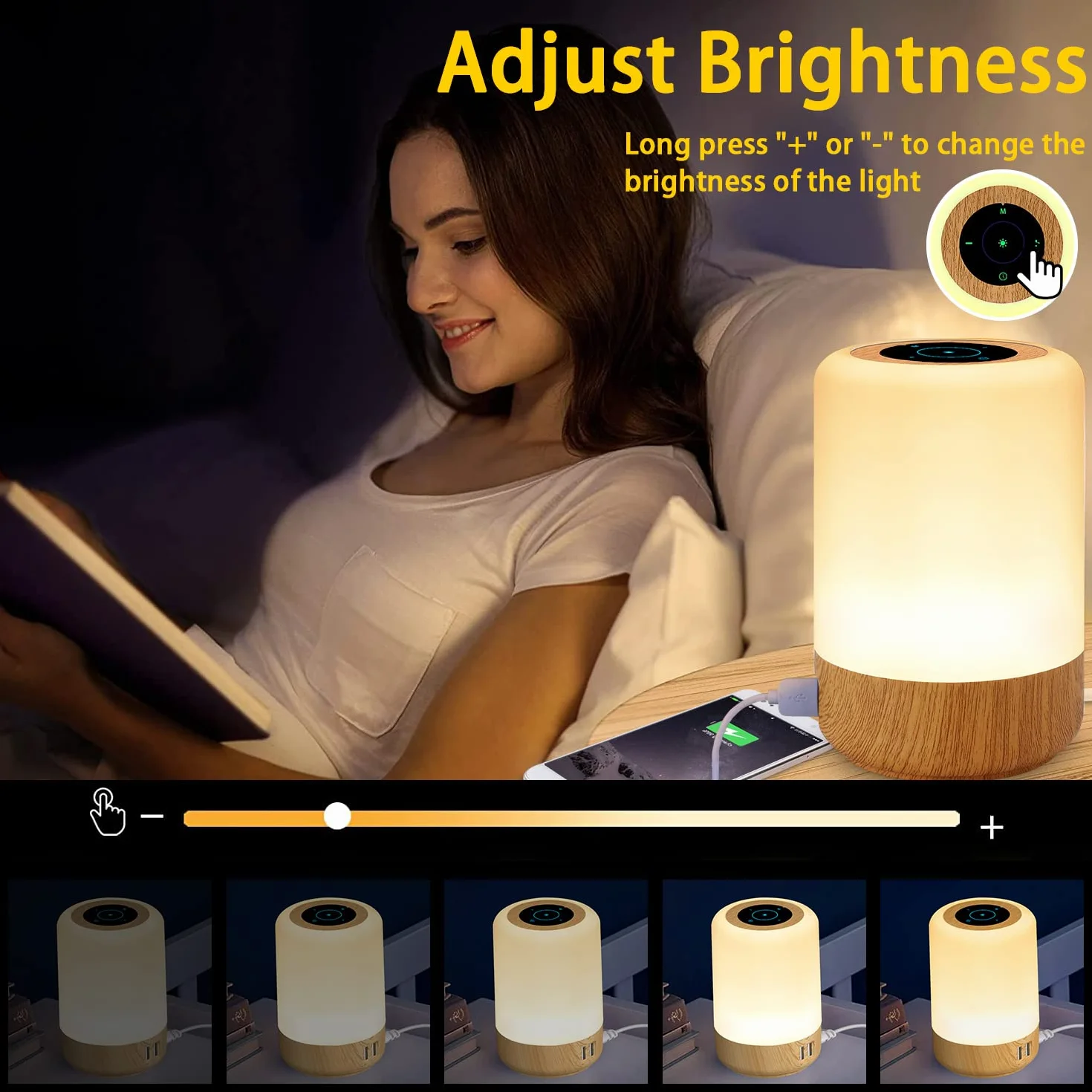 Lampe de Chevet LED Tactile avec 4 Ports USB-A, 8 Couleurs, 10 Niveaux de Luminosité, Veilleuse pour Chambre