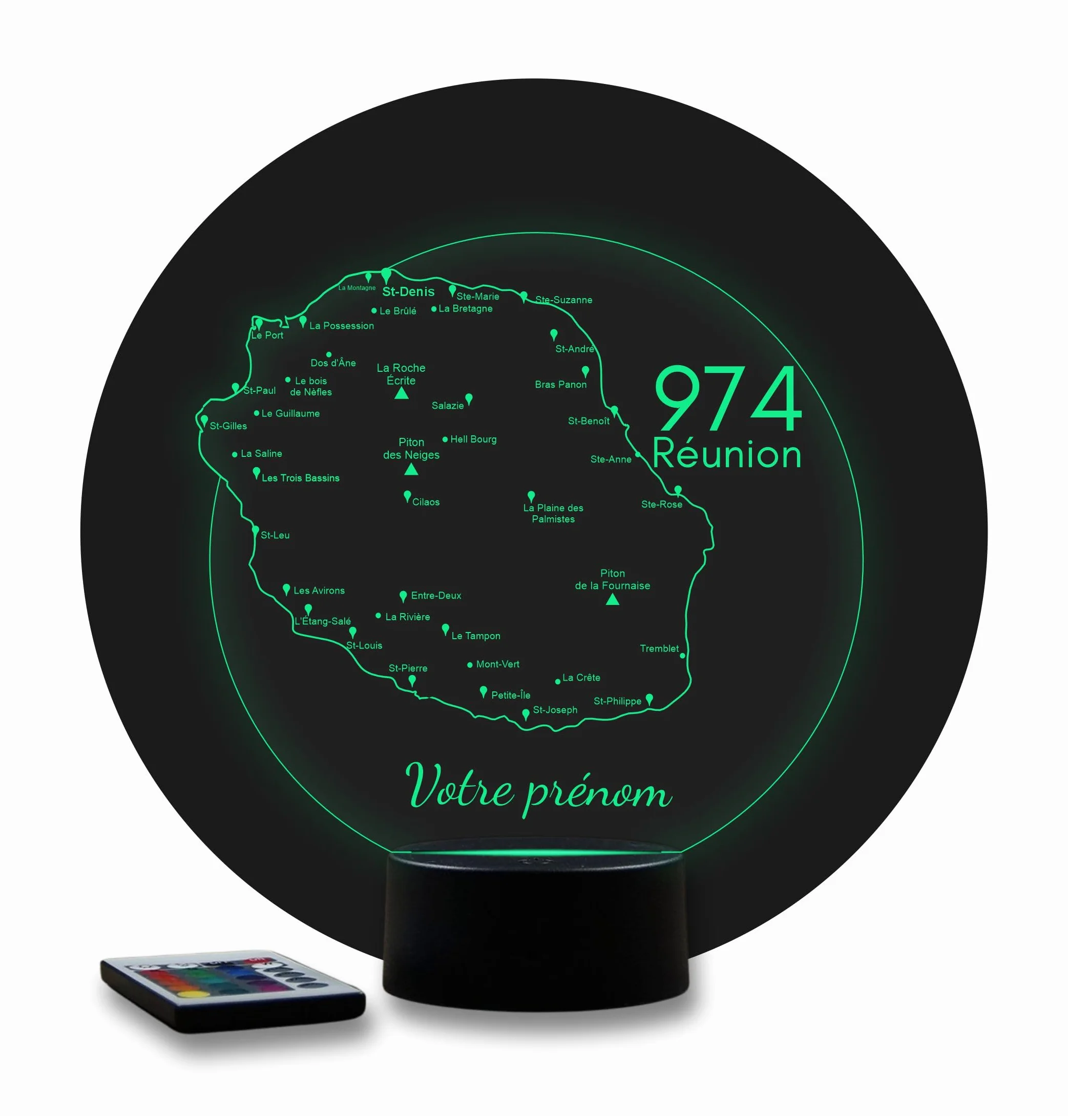Lampe 3D Île de la Réunion 974 Veilleuse Carte Gravée Illusion Optique 16 Couleurs Télécommande USB Piles