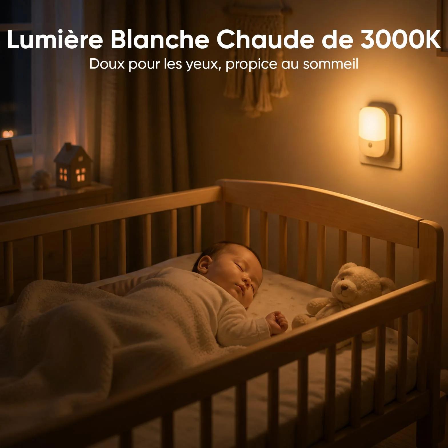 Suright Lot de 2 Veilleuses Enfant à Prise Murale, CAPTEUR LUMIÈRE INTELLIGENT, 5 Intensités, 3 Modes, Blanc Chaud, Lampe de Nuit Bébé 0,3W