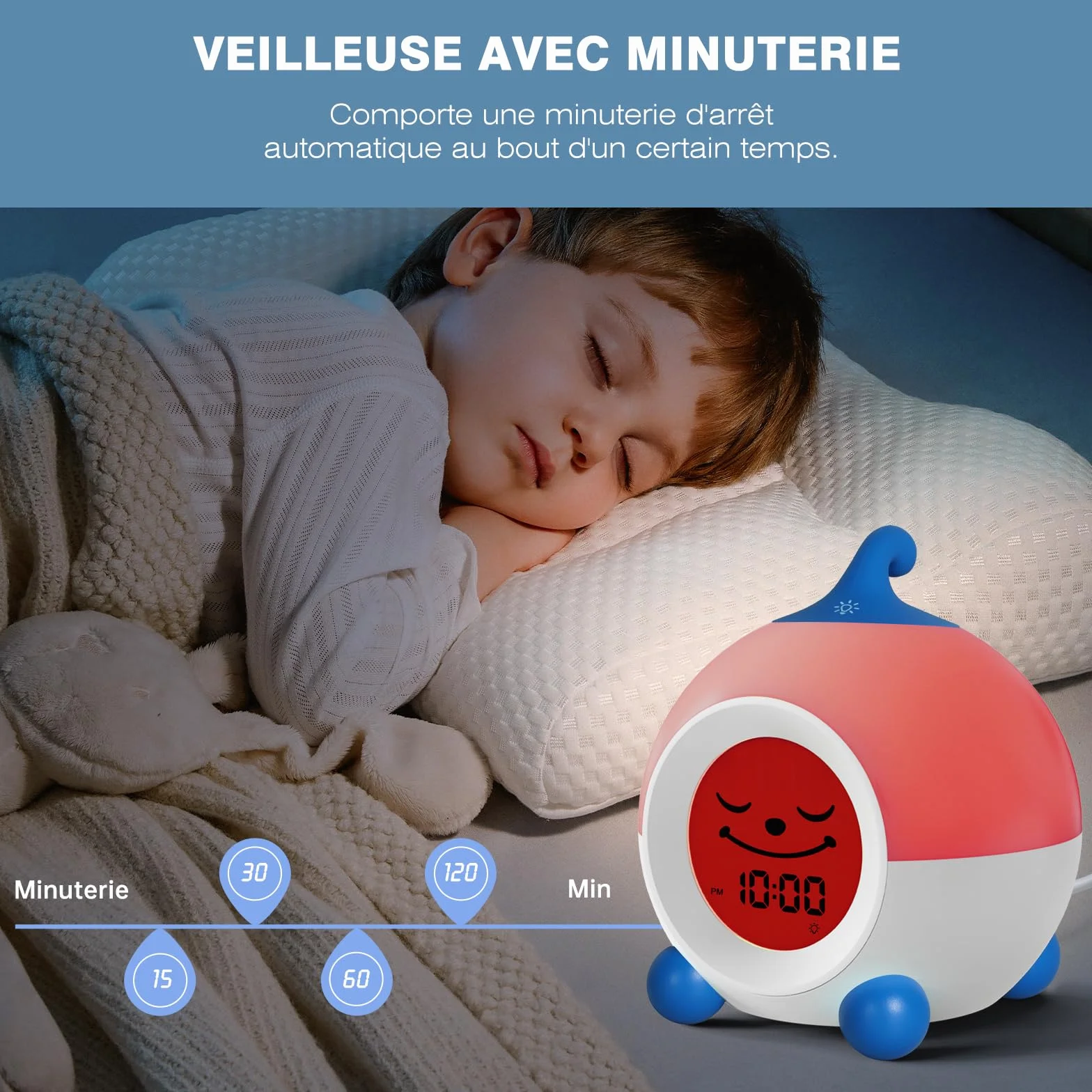 Réveil Enfant I·CODE Jour/Nuit avec Veilleuse et Minuterie d'Arrêt Automatique Bleu