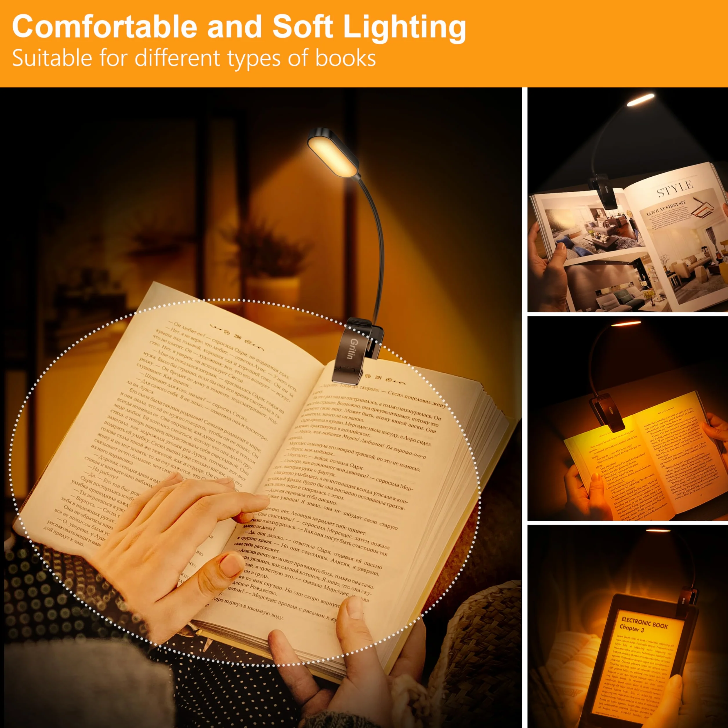 Gritin Lampe de Lecture 16 LED Rechargeable, Gradation Progressive, 3 Modes Protection des Yeux, 360° Cou Flexible