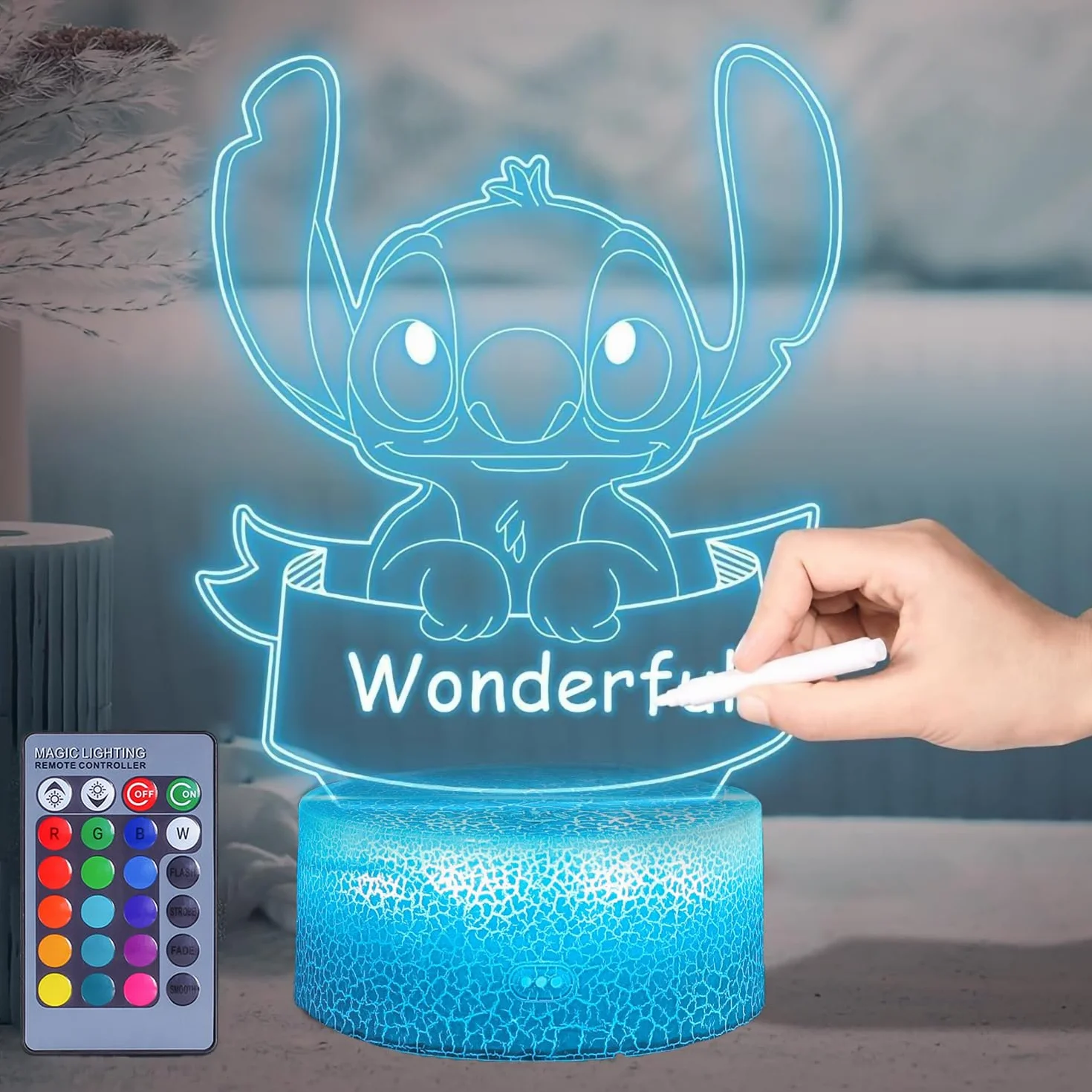 Lampe Stitch 3D LED DIY 16 Couleurs Veilleuse Personnalisable avec 2 Feutres Effaçables Télécommande 4 Modes