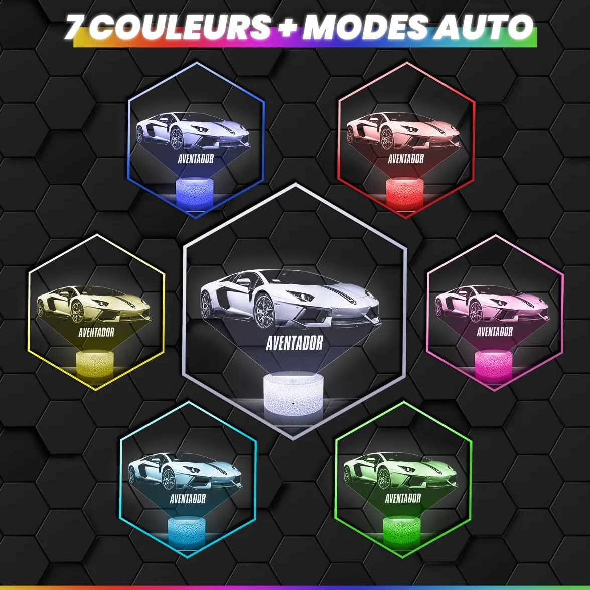Lampe 3D Voiture Sportive Aventador, Veilleuse Tactile LED Illusion Effet Hologramme, Idée Cadeau Fan Automobile