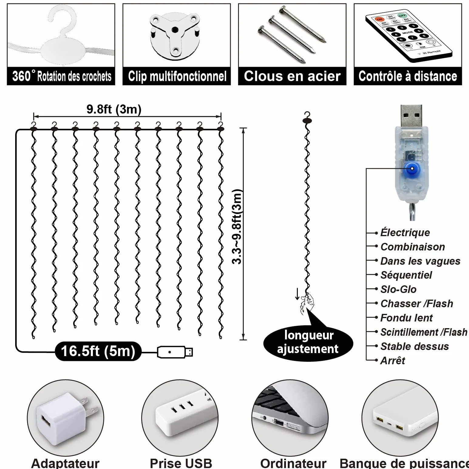 Guirlande Lumineuse Rideau Blanc Chaud 300LED 3m*3m 8 Modes USB Télécommande Minuterie