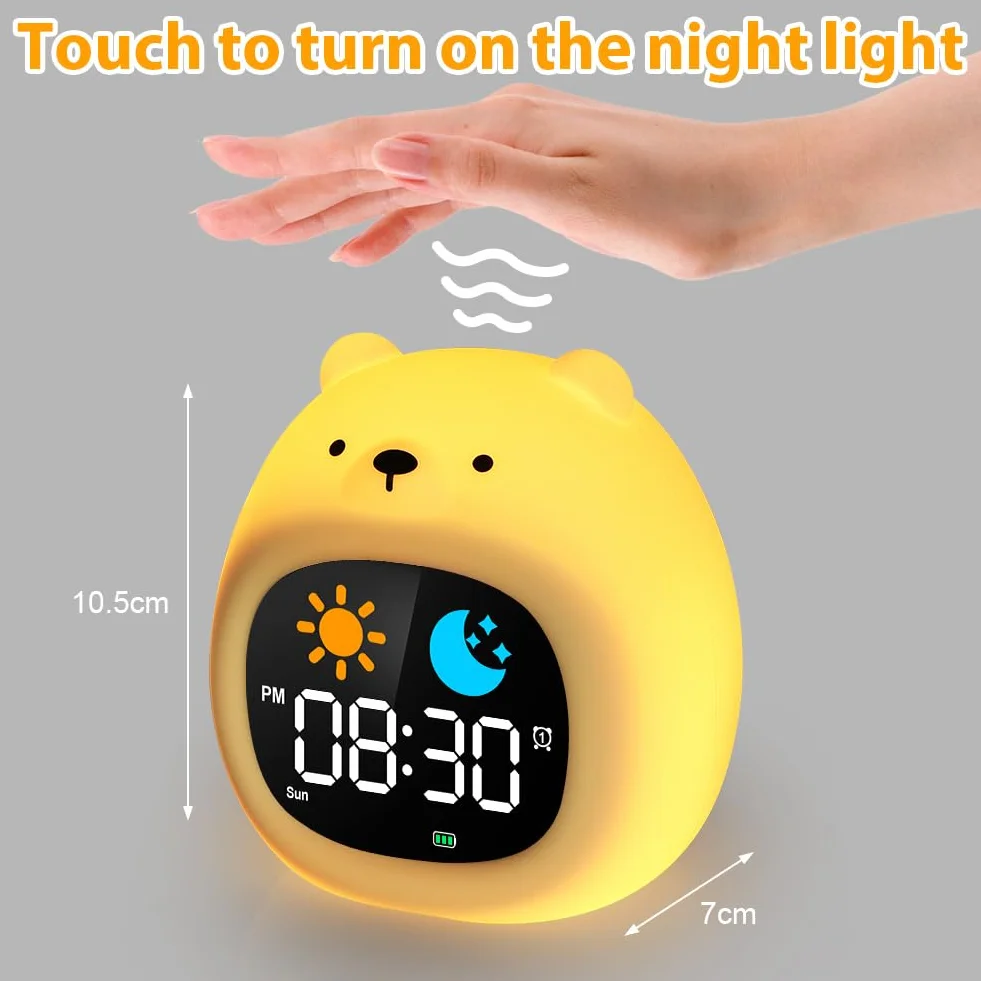 HOTUT Réveil Enfant Éducatif avec Affichage Lune et Soleil, Veilleuse RGB Couleurs, 2-10 Ans Ours