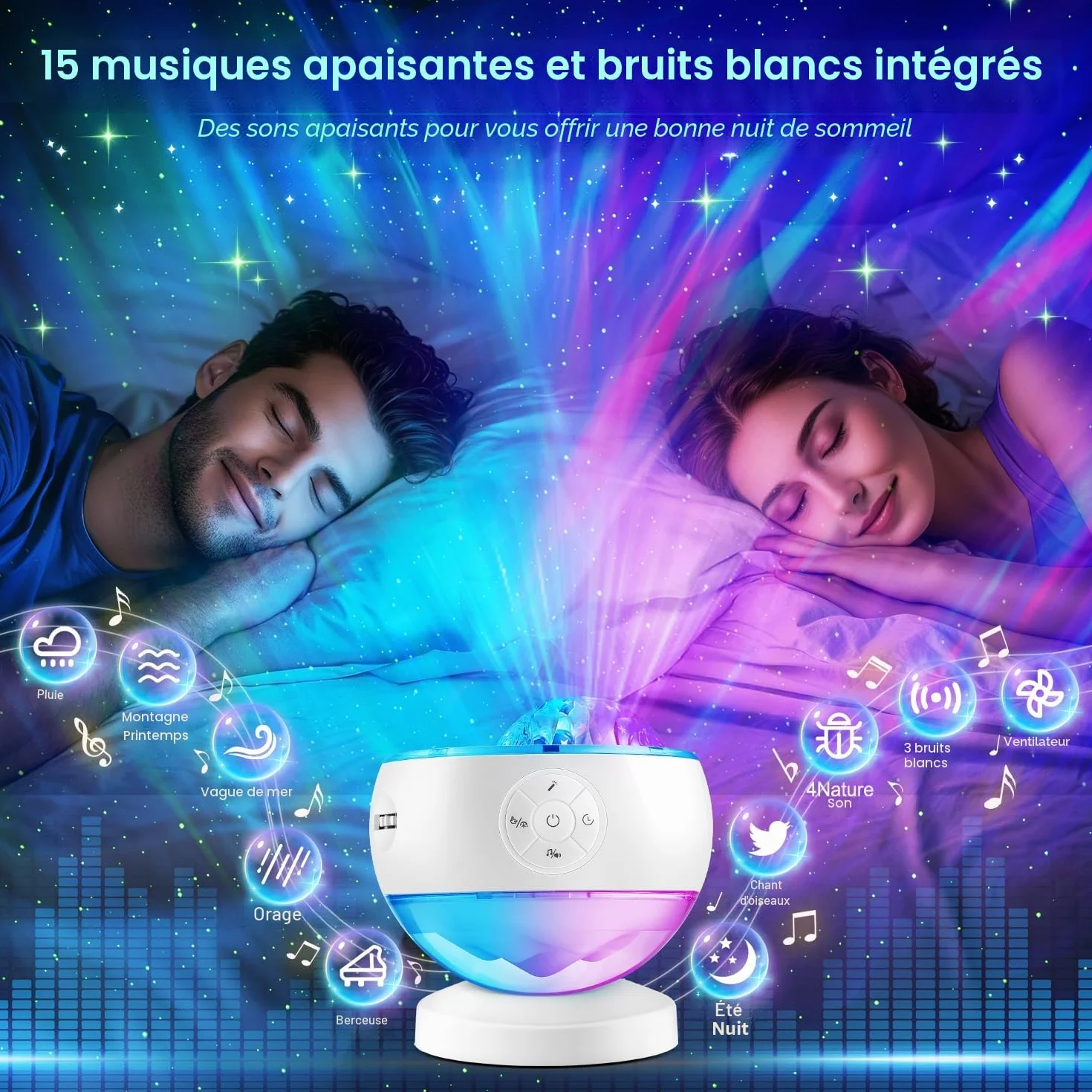 One Fire Projecteur Ciel Étoilé 300 Modes Galaxie Lampe Aurore Boréale Bluetooth Bruit Blanc LED Chambre Veilleuse