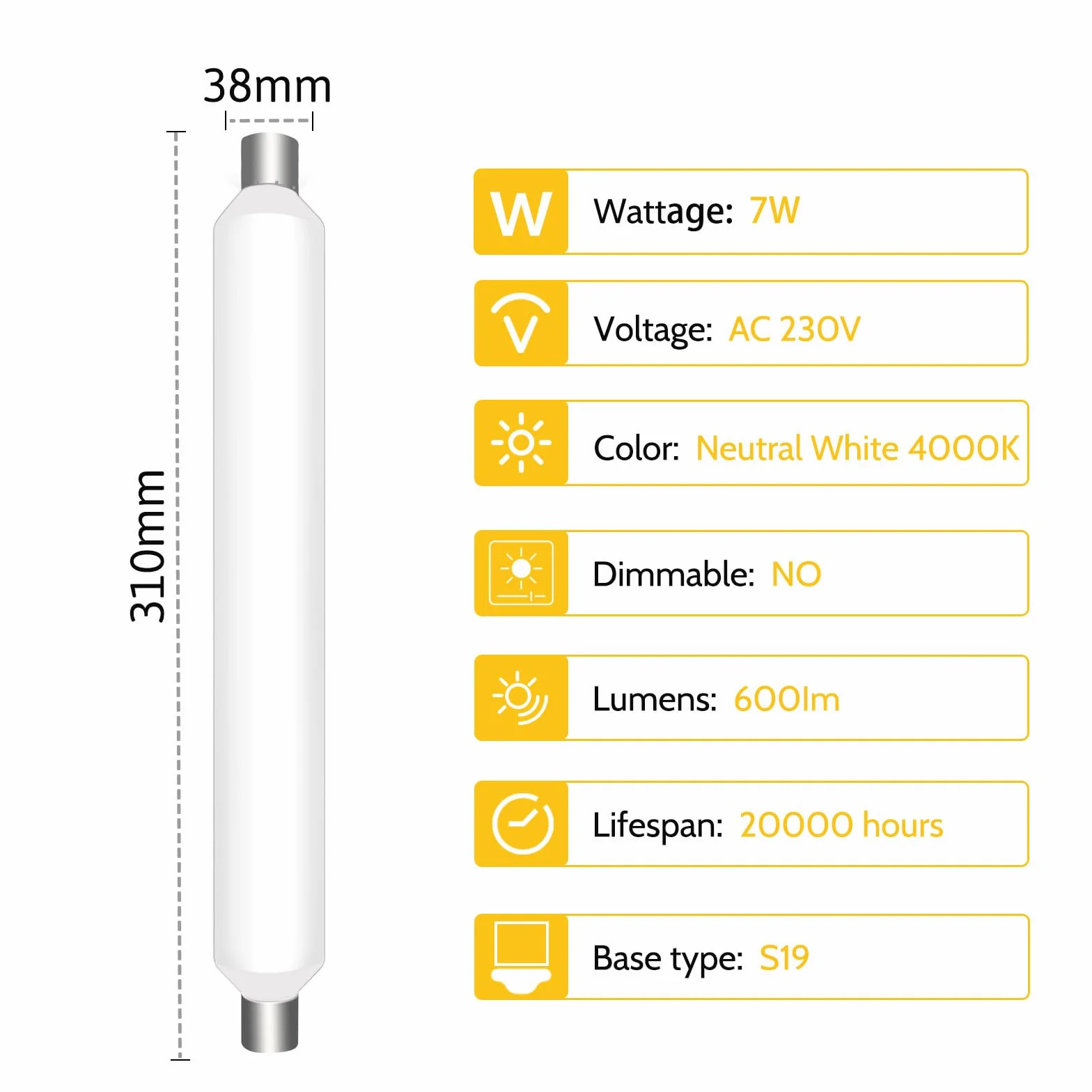 Tube LED S19 310mm 7W 4000K Blanc Neutre 600LM AC 230V Linolite