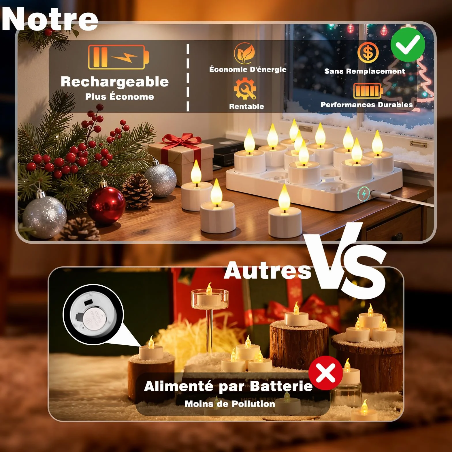 Bougie LED Rechargeable avec Télécommande et Minuterie, 100 Heures Fausse Bougie Flamme Vacillante, Décoration Noël Halloween