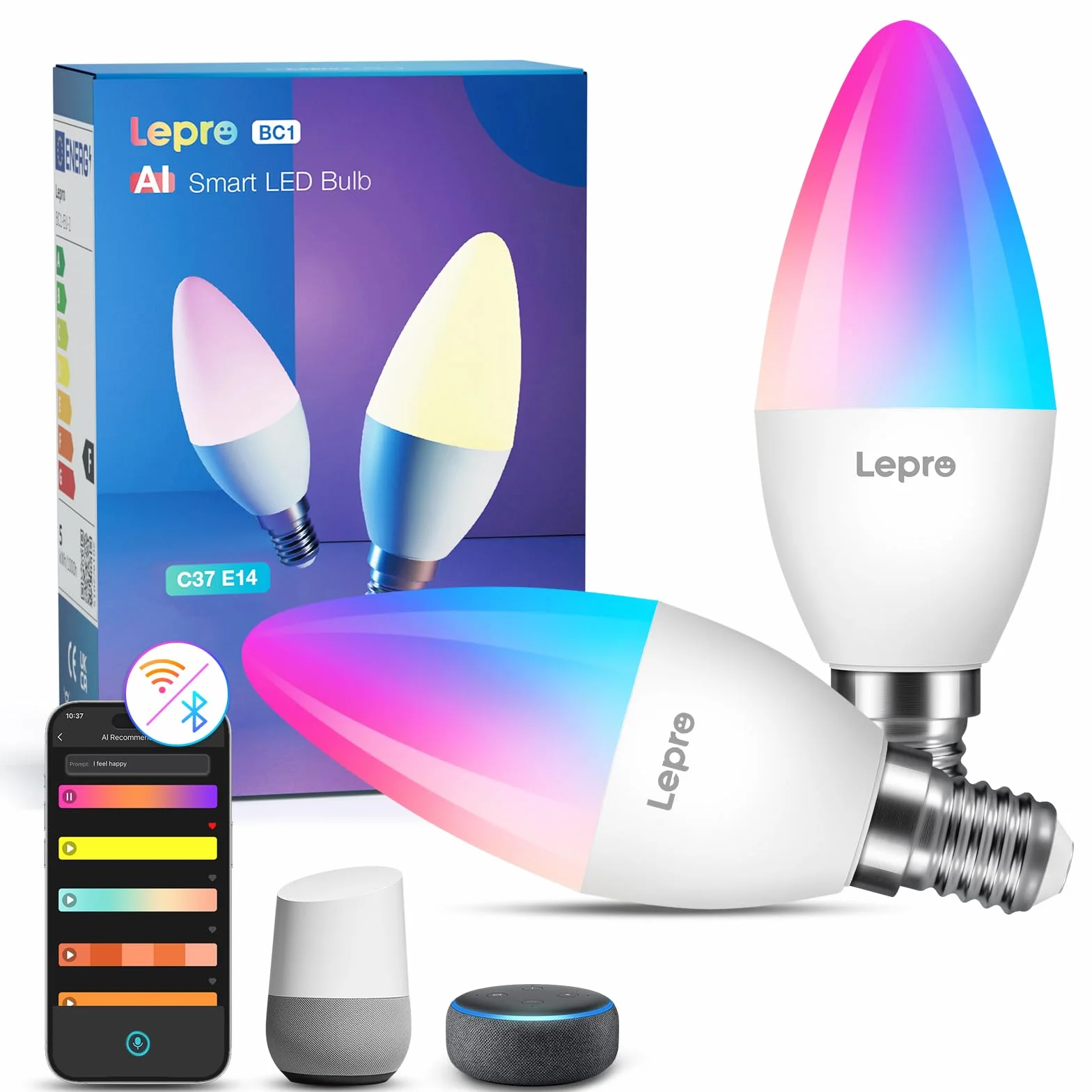 Lepro BC1 IA Ampoule Connectée E14, Compatible Alexa Google Assistant, WiFi Bluetooth, RGBCCT, 2 PCS