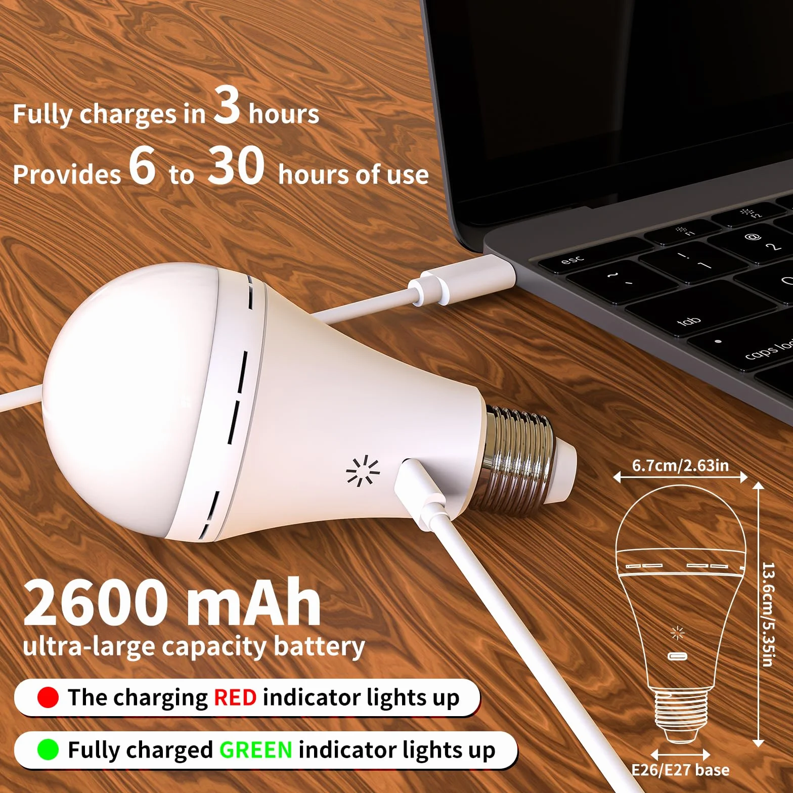 Ampoule LED Rechargeable USB E27 7W Dimmable 2600mAh 3 Températures de Couleur Avec Télécommande 2 Pack