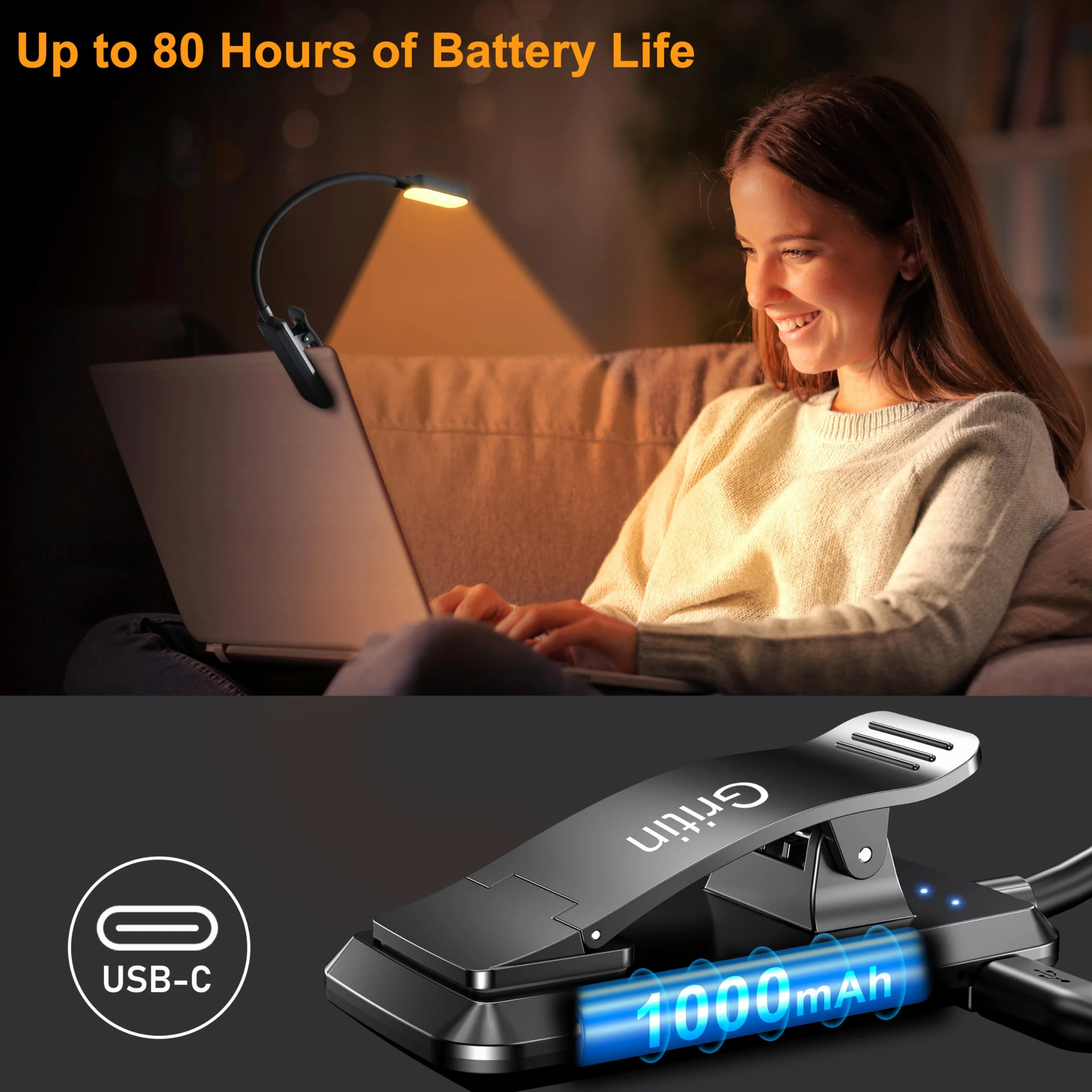 Gritin Lampe de Lecture 16 LED Rechargeable, Gradation Progressive, 3 Modes Protection des Yeux, 360° Cou Flexible