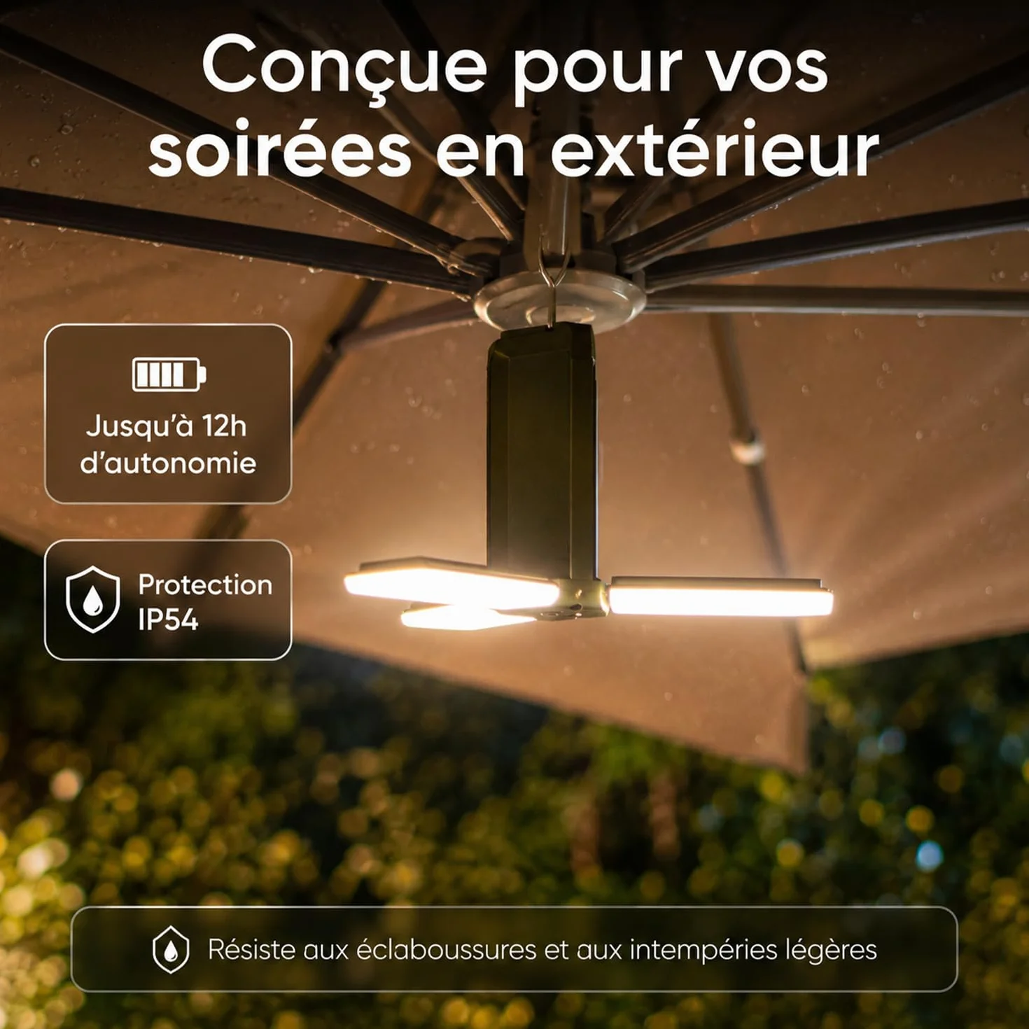 Lampe Parasol LED 500lm Éclairage Extérieur Rechargeable USB Solaire 3 Températures de Couleur Résiste à l'Eau Jardin Terrasse