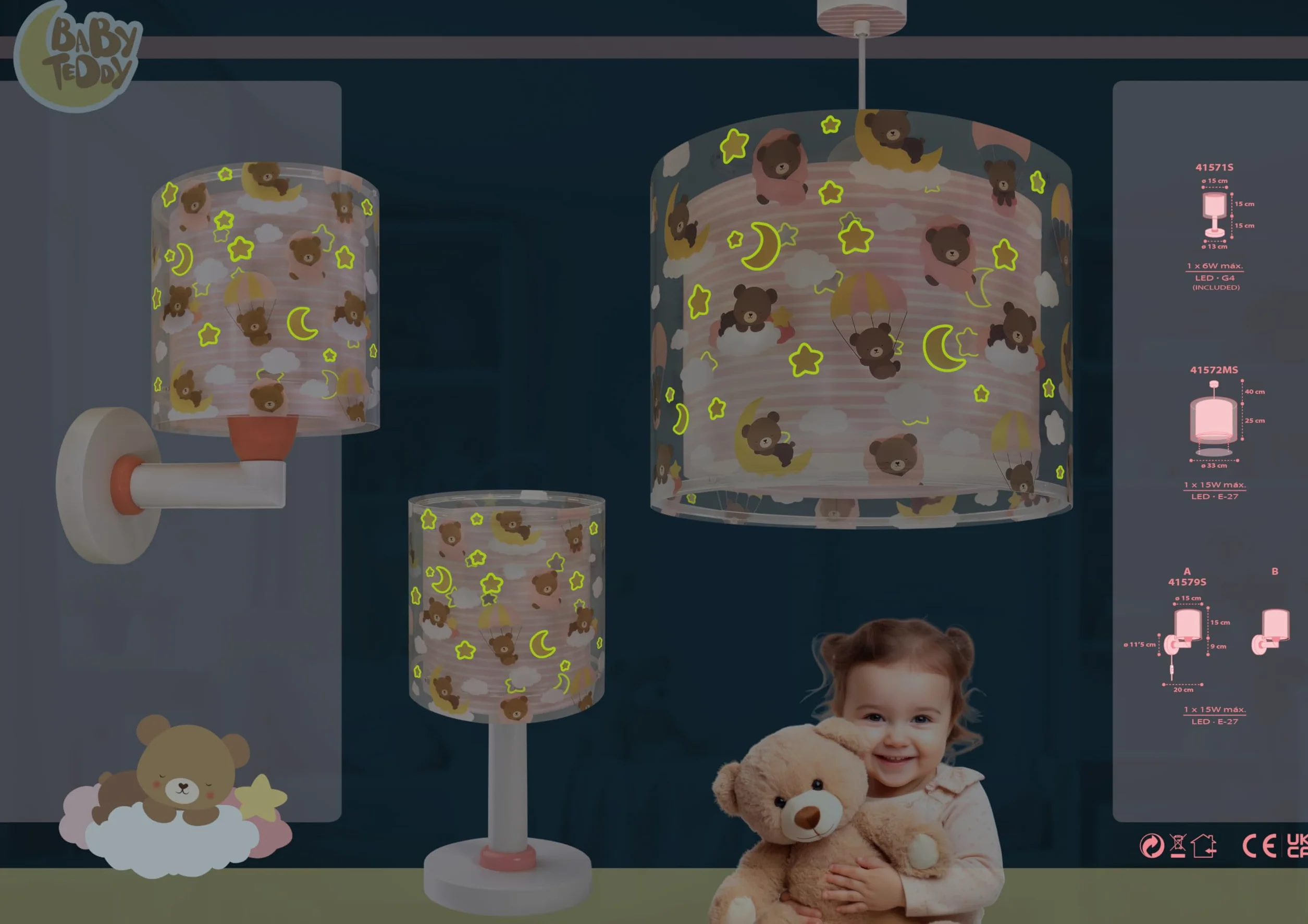 Dalber Lampe de chevet enfant Baby Teddy Ours roses nuages G4 LED 4 W Rose