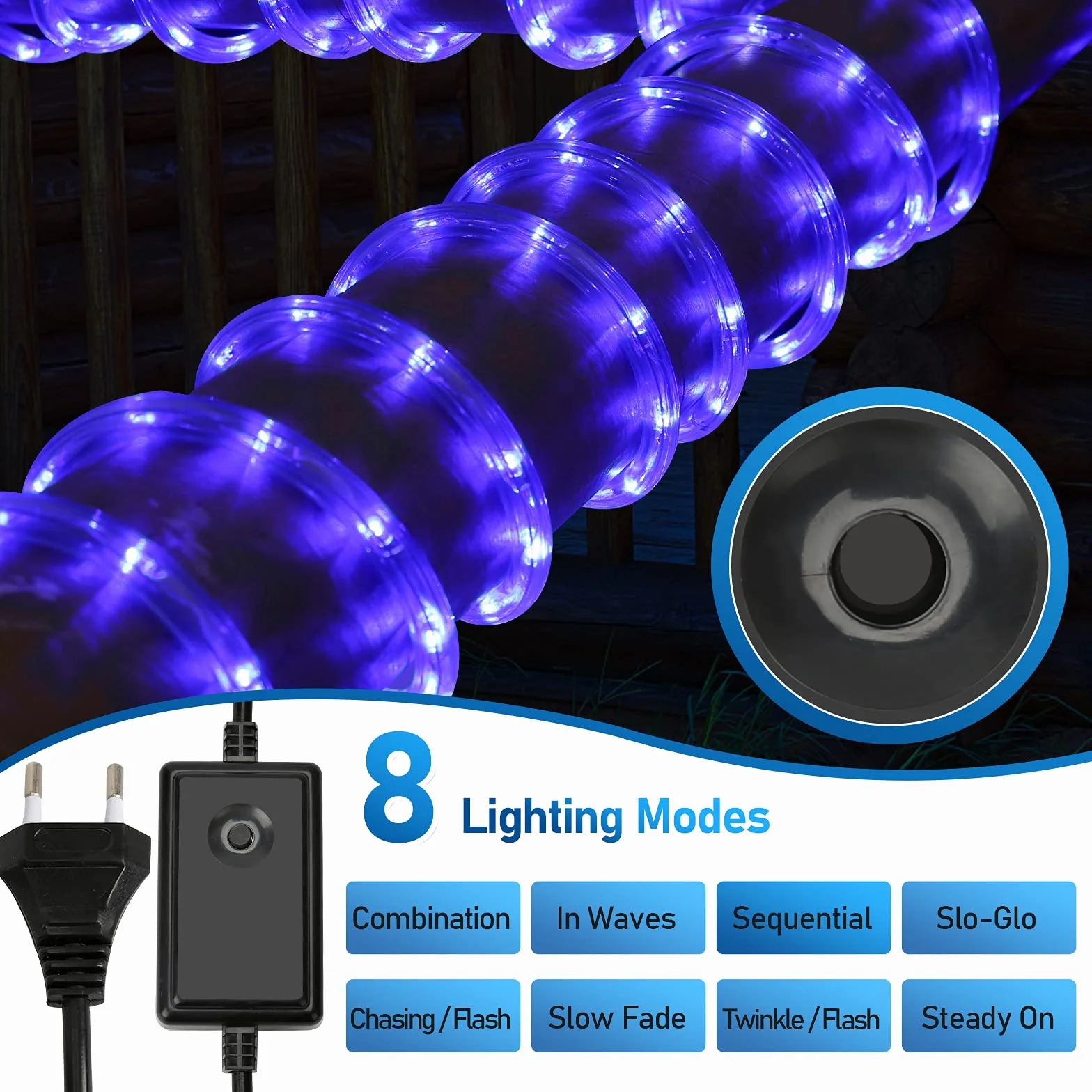 Tube lumineux à LED 20M Flexible, Guirlande Lumineuses Extérieur Intérieur 8 Modes, Étanche Jardin Bleu