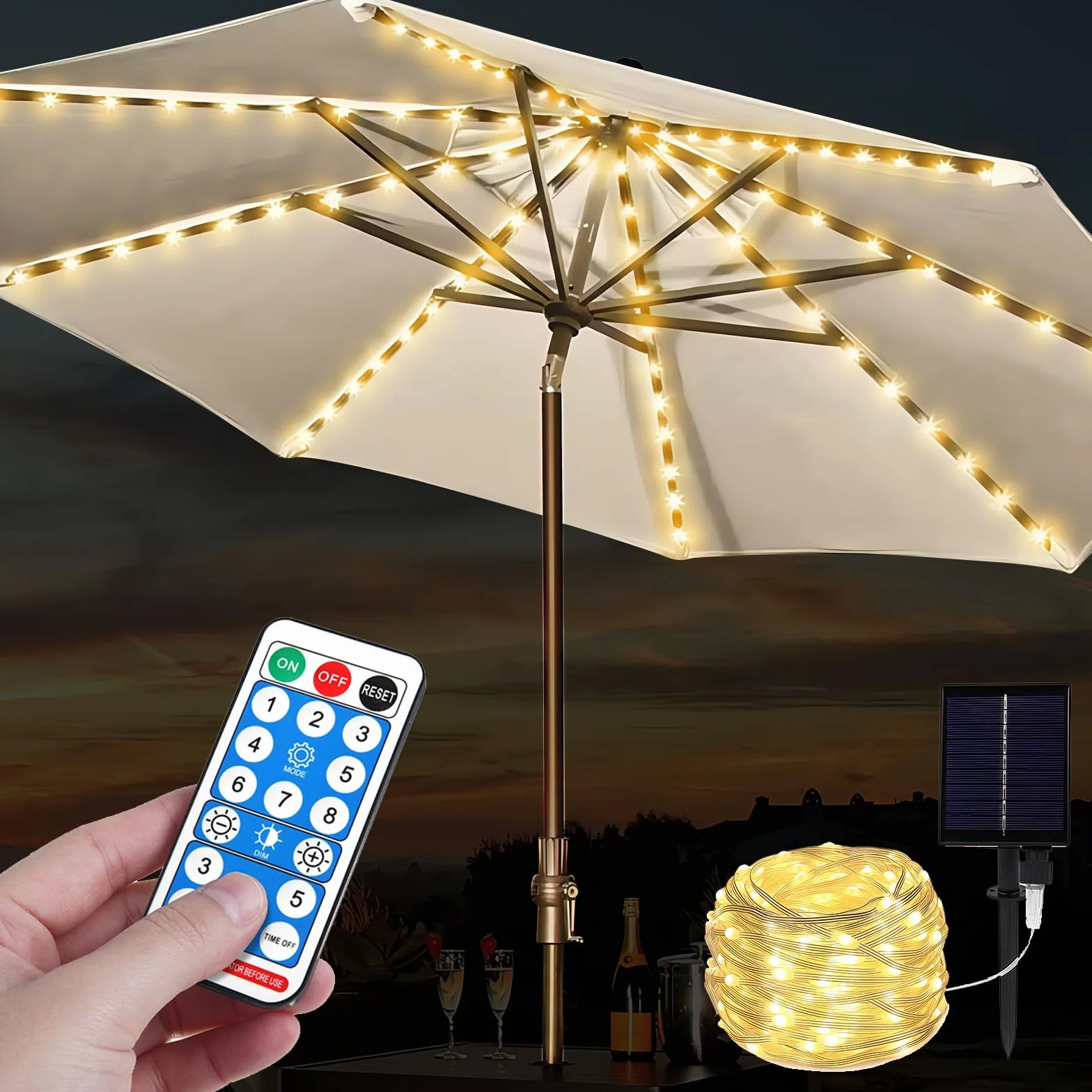 Guirlande lumineuse solaire pour parasol 104 LED avec télécommande