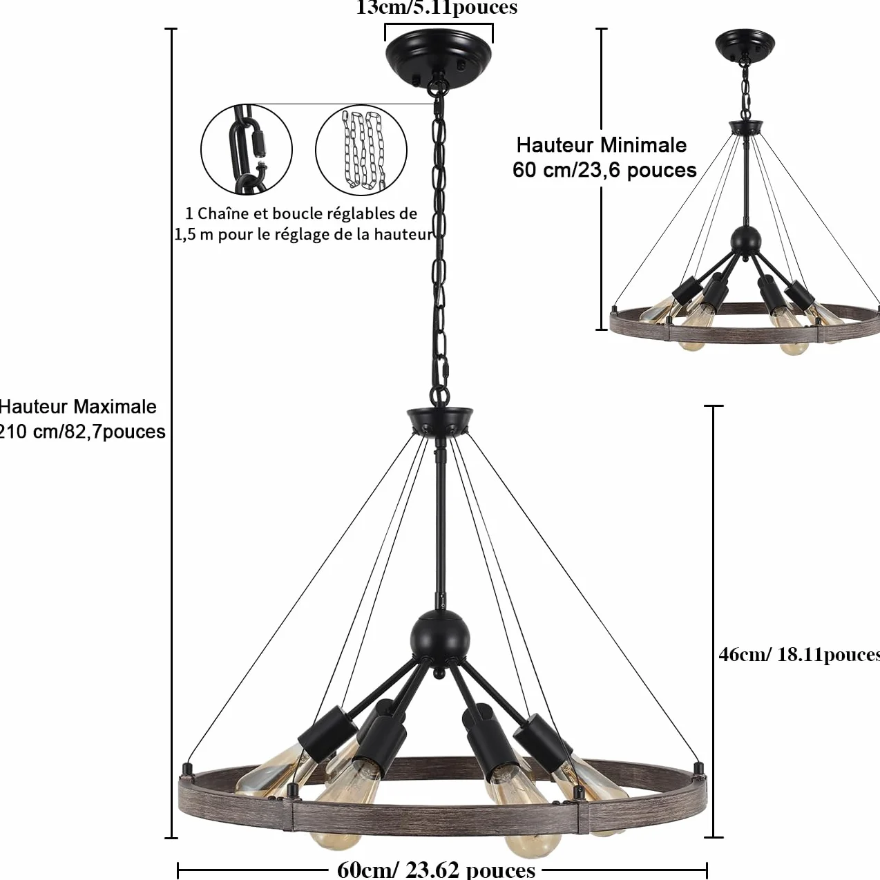 Lustre Industriel En Roue De Chariot, 6 Lumières Suspension Industrielle Noir Luminaire Plafonnier Vintage Lustre Industrial Pour Salon Cuisine Couloir Chambre à Coucher, Réglable En Hauteur